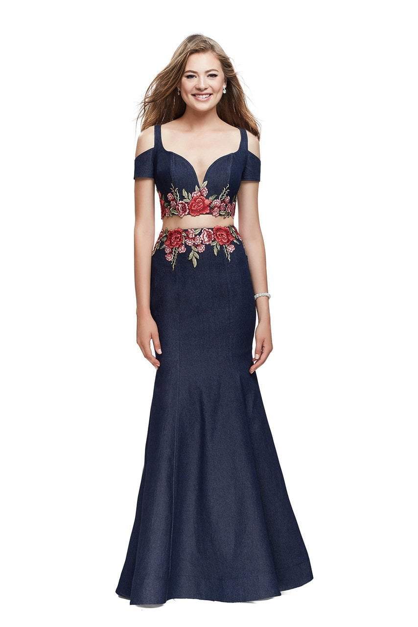 Image of La Femme - 25848 Cold Shoulder Floral Two Piece Denim Gown