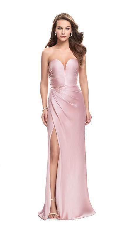 Image of La Femme - 26017 Plunging Sweetheart Draping Satin Sheath Gown