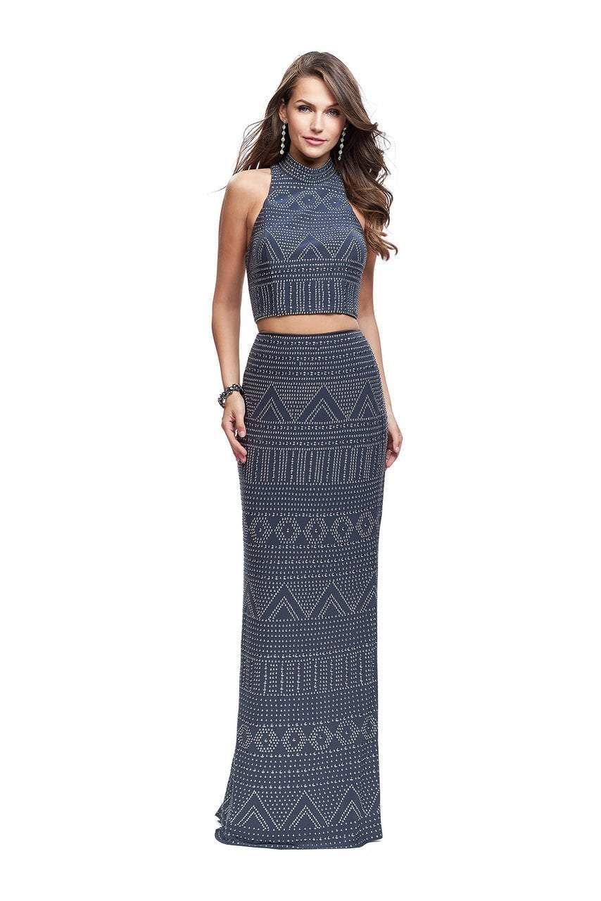 Image of La Femme - 26045 High Neck Patterned Metallic Beaded Two Piece Gown