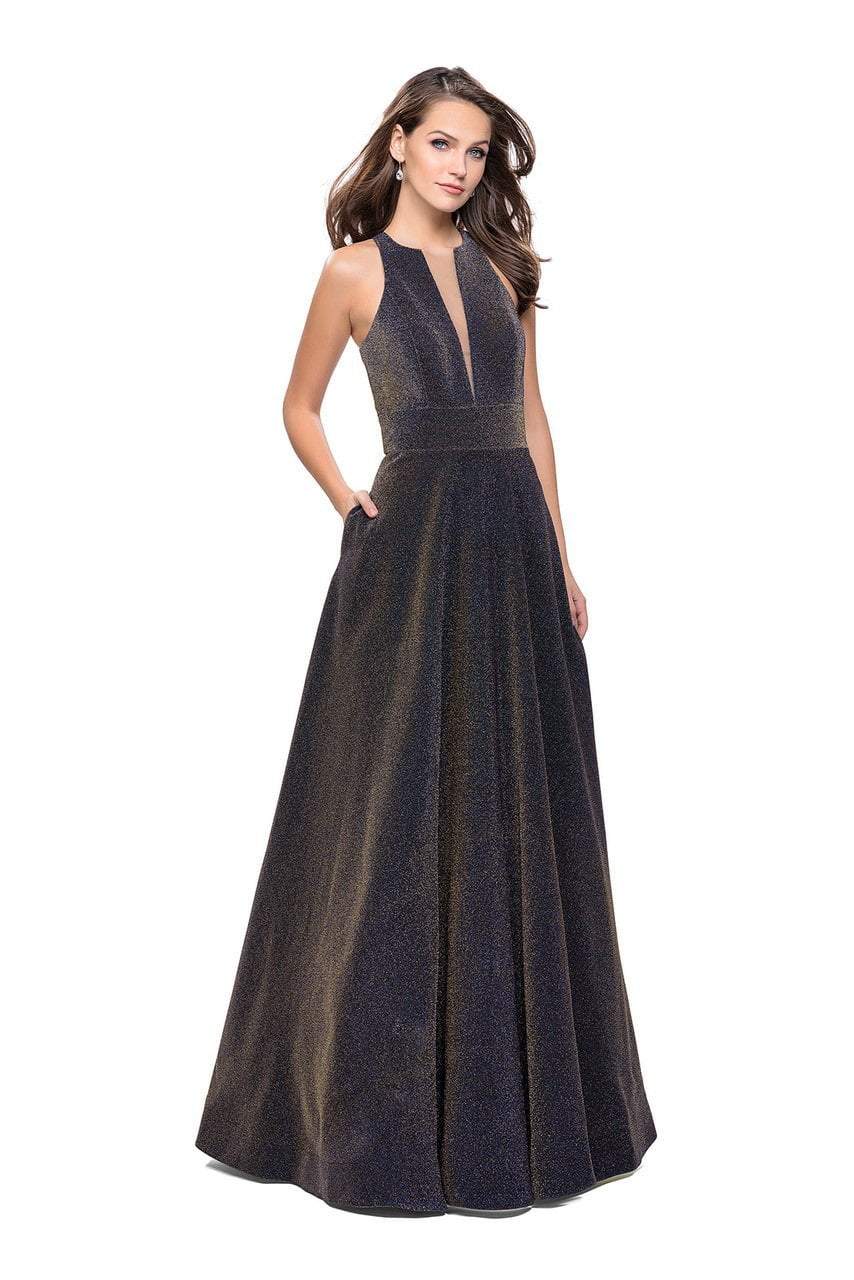 Image of La Femme - 26073 Sparkling Mikado Halter A-line Gown
