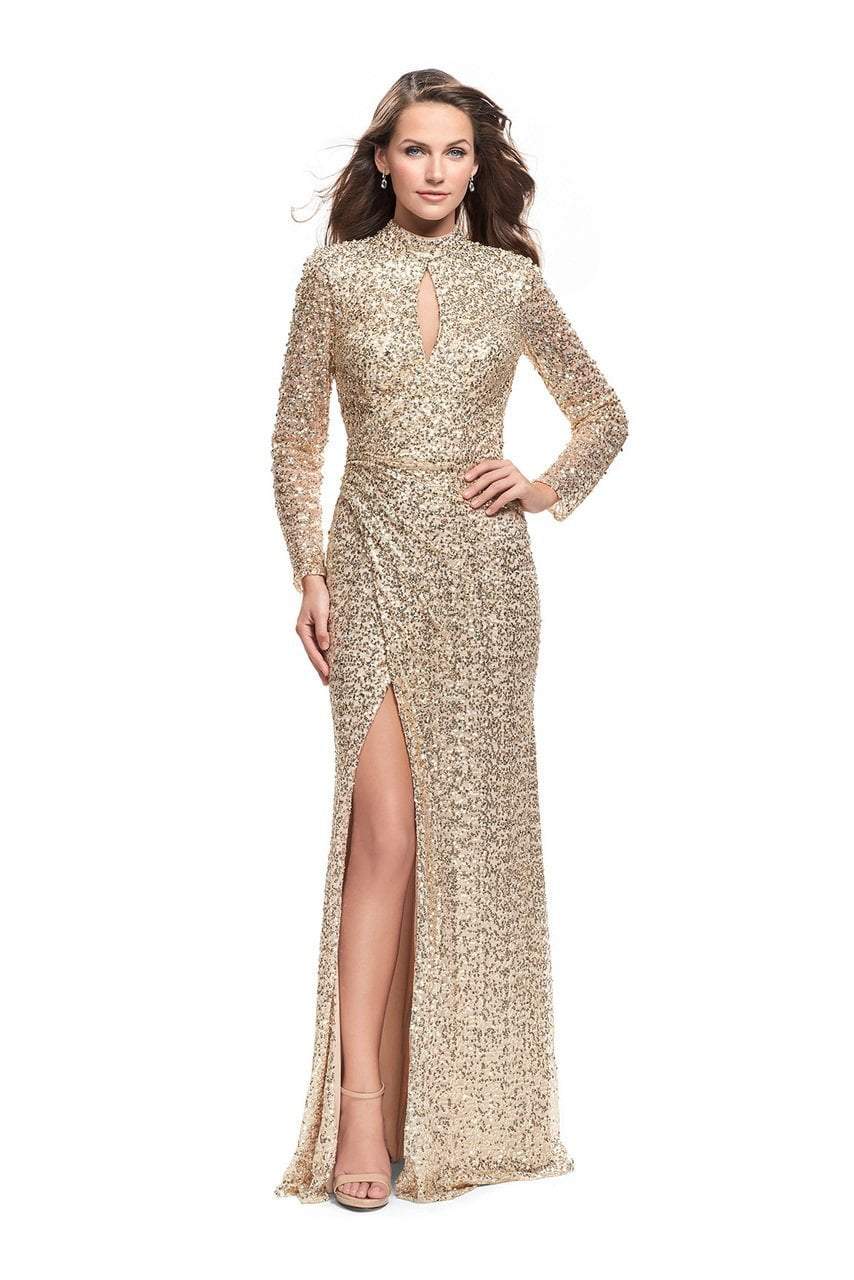 Image of La Femme - 26263 Long Sleeve High Neck Sequined Evening Gown