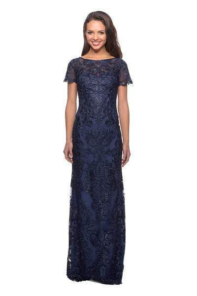 Image of La Femme - 26405 Short Sleeve Jewel-Adorned Lace Sheath Gown