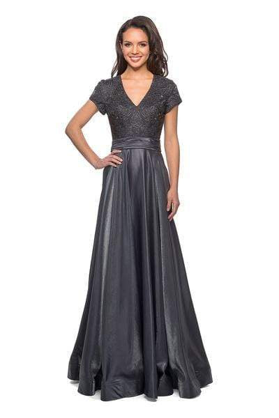 Image of La Femme - 26447 Jeweled Rosette Short Sleeve A-Line Gown