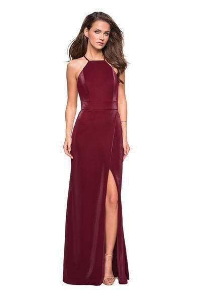 Image of La Femme - 26962 Strappy Fitted Halter Gown with Slit