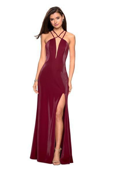 Image of La Femme - 26963 Strappy Halter Cutouts Gown with Slit