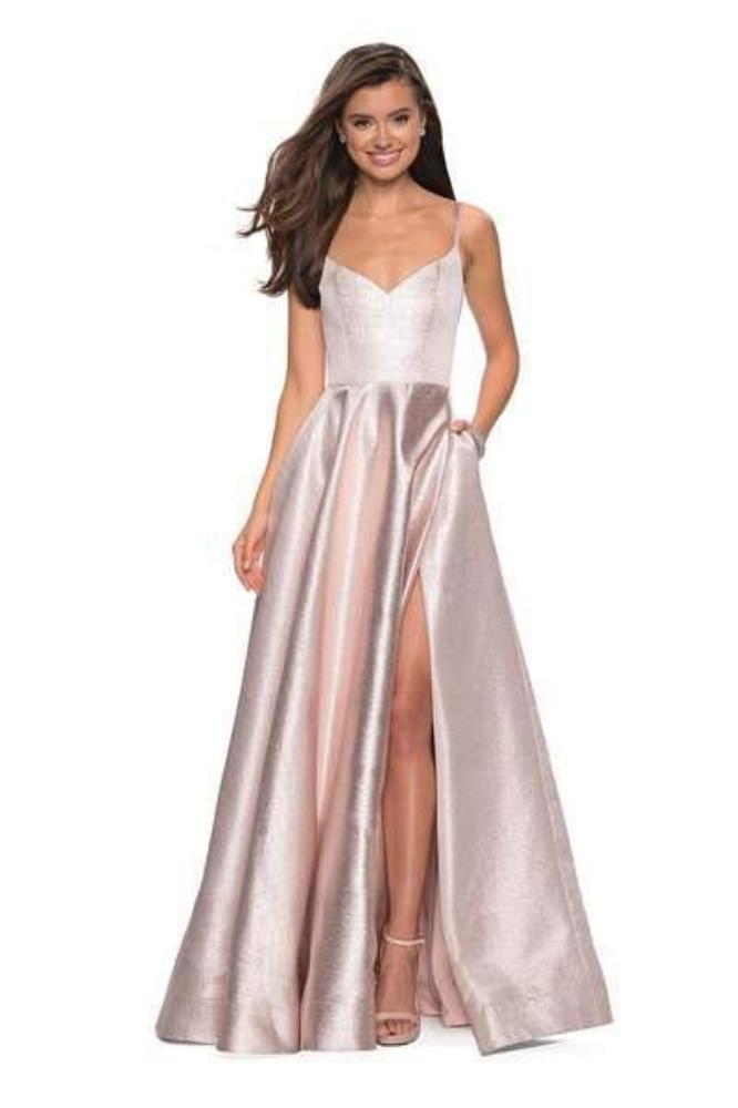 Image of La Femme - 27619 Metallic A-Line High Slit Gown