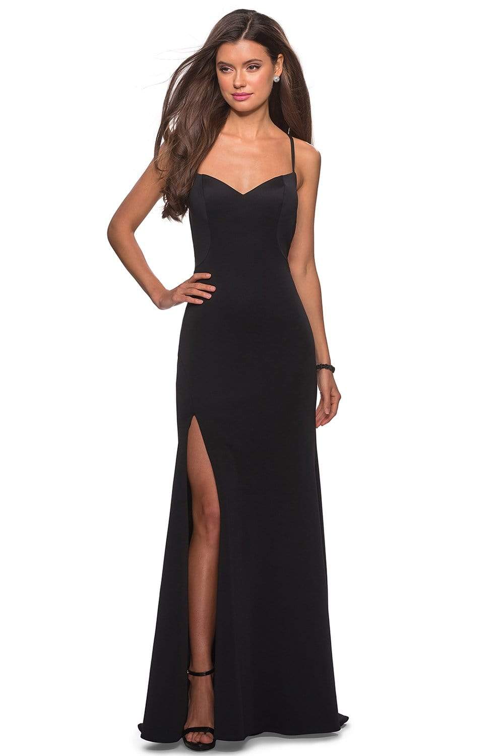 Image of La Femme - 27657 Plunging Crisscross-Strapped High Slit Gown