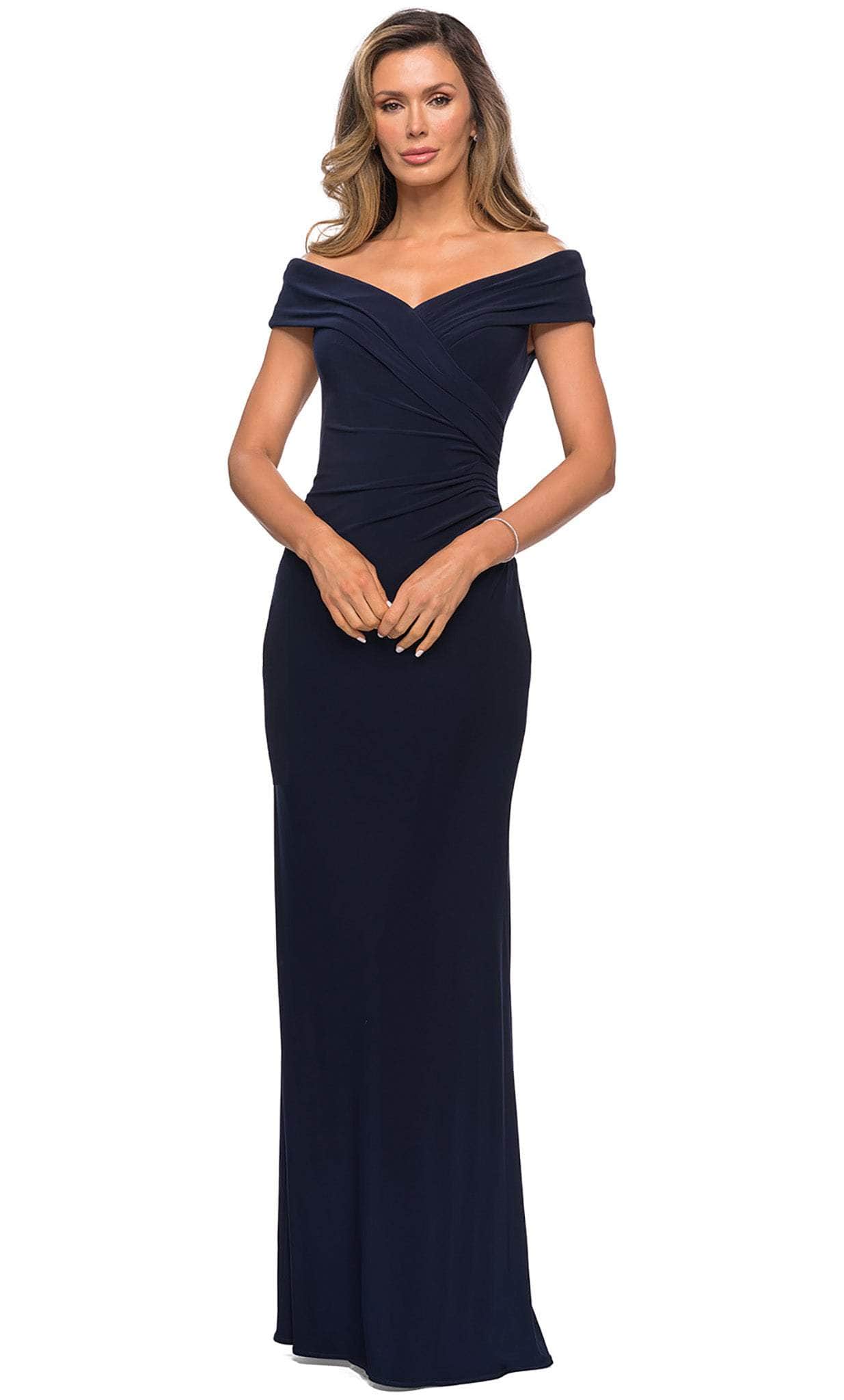 Image of La Femme - 27959 Pleat-Ornate Off Shoulder Jersey Dress