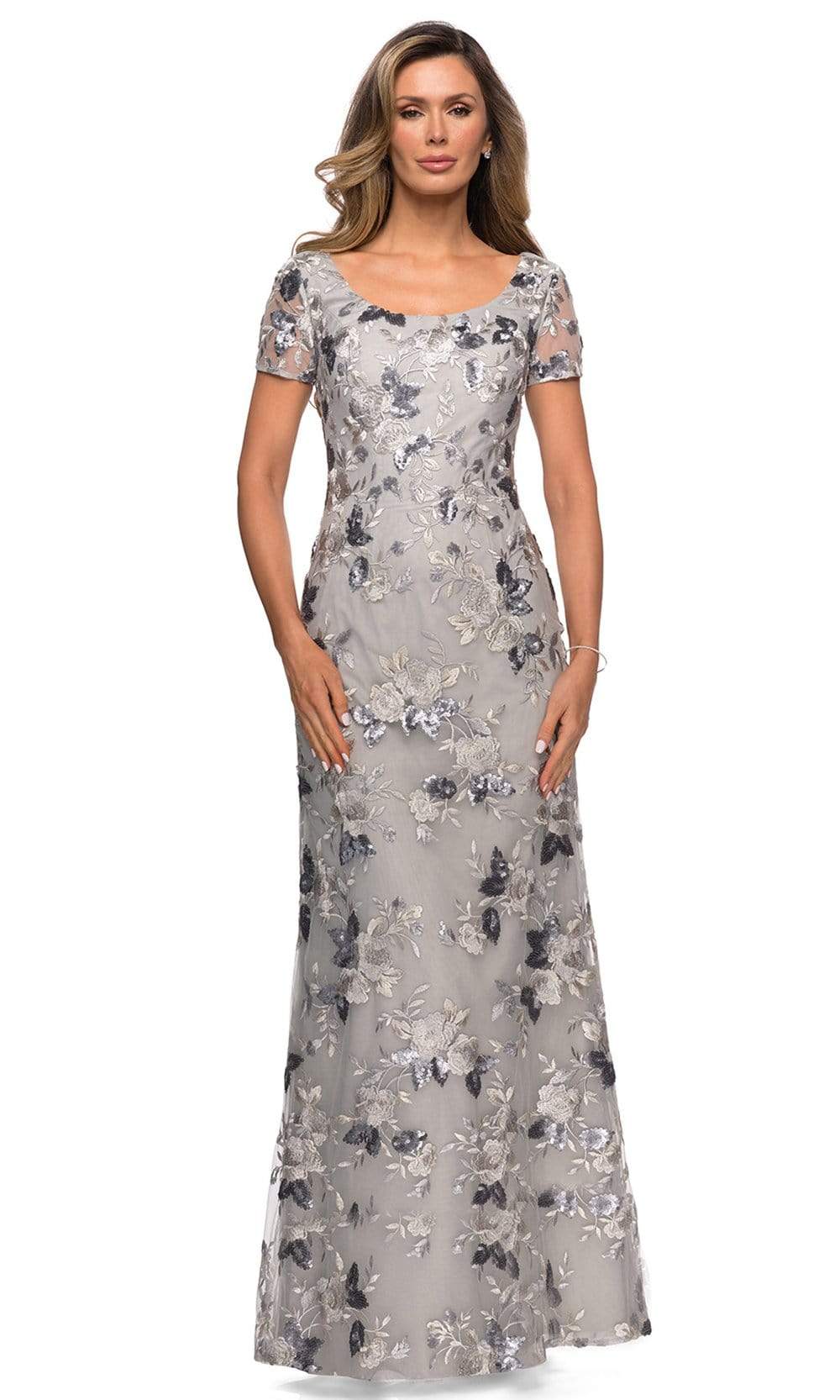 Image of La Femme - 27991 Sequined Floral Lace Mother of the Groom Sheath Dress