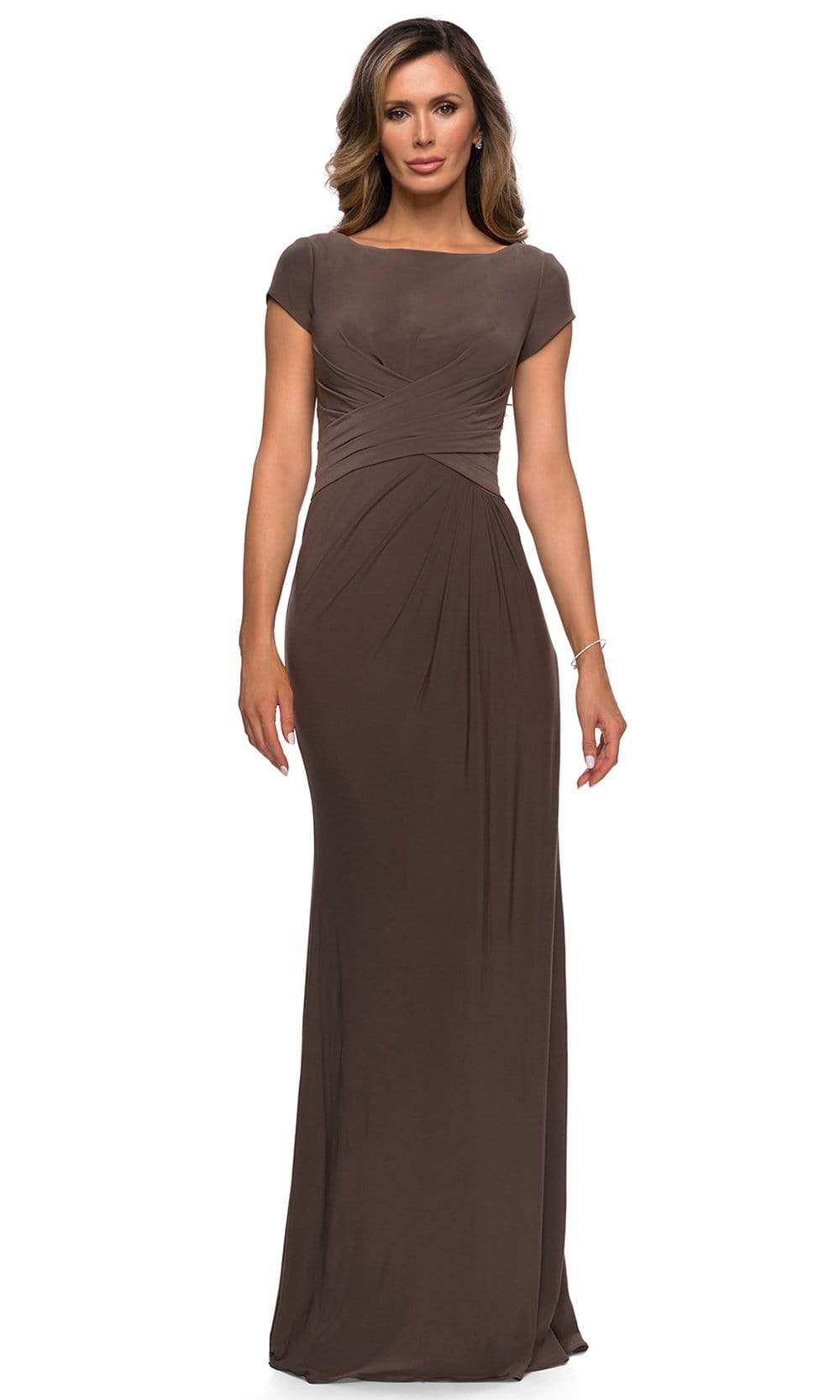 Image of La Femme - 28026 Bateau Neck Cap Sleeve Sleek Jersey Long Dress