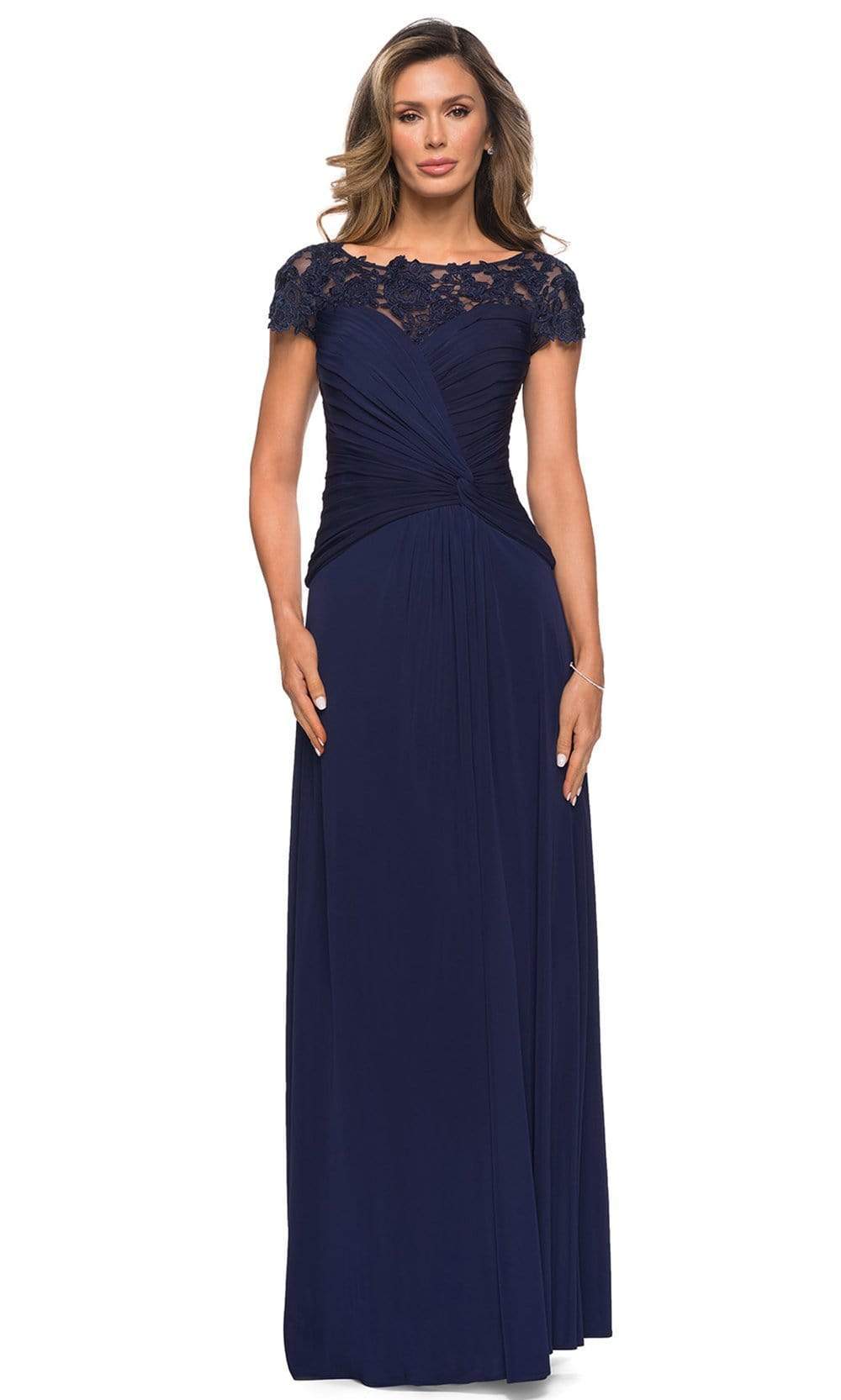 Image of La Femme - 28029 Ruched Knotted A-Line Evening Dress