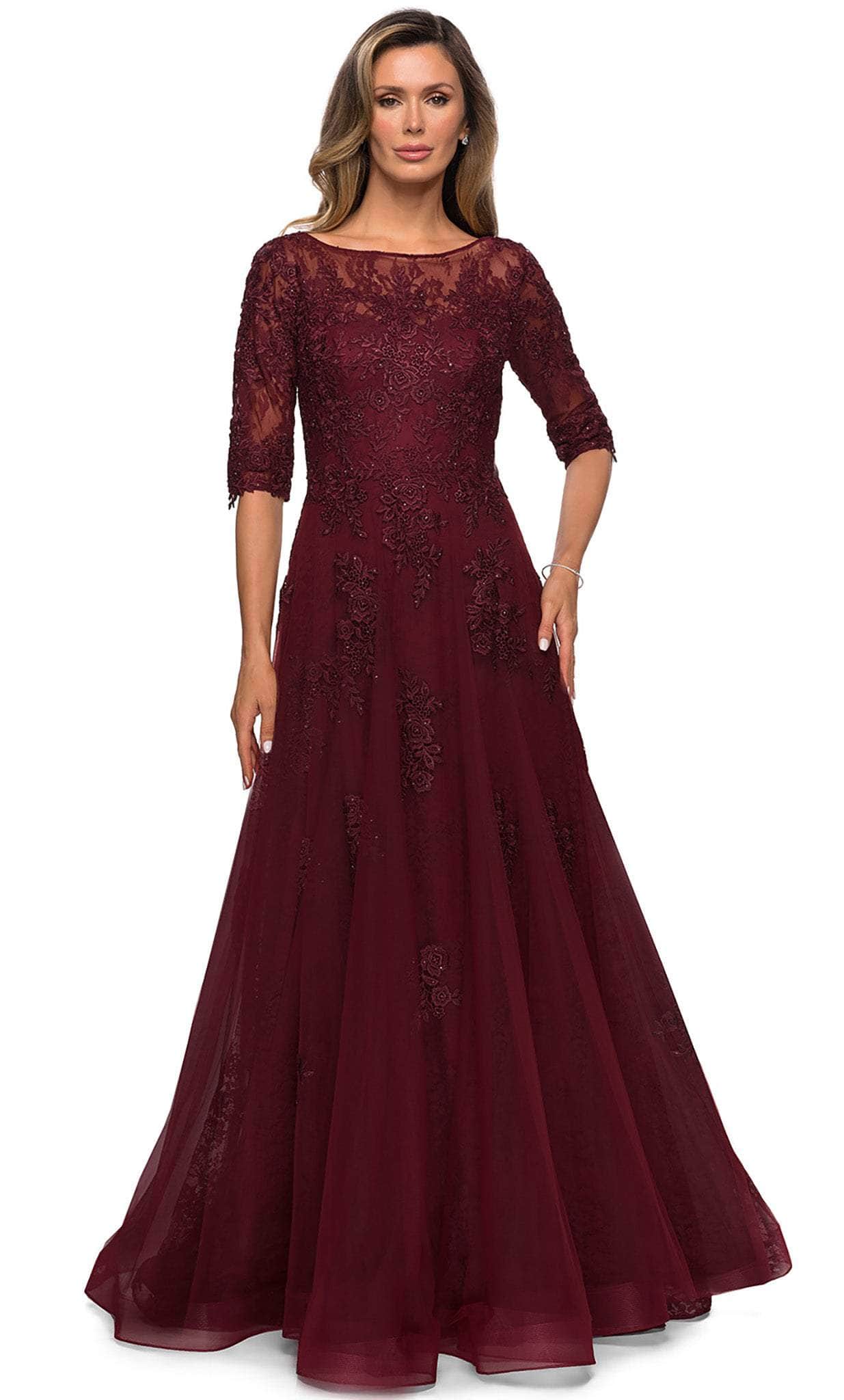 Image of La Femme - 28036 Quarter Length Sleeve Floral Lace A-Line Gown