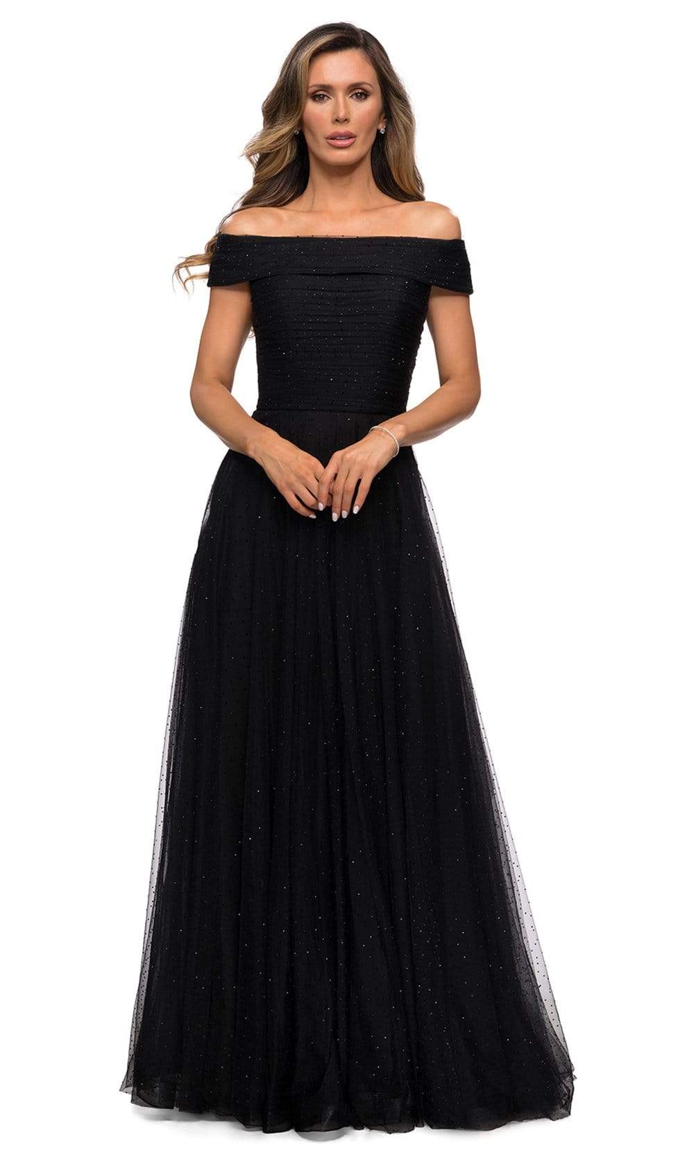 Image of La Femme - 28051 Crystal Beaded Tulle Off Shoulder A-Line Gown
