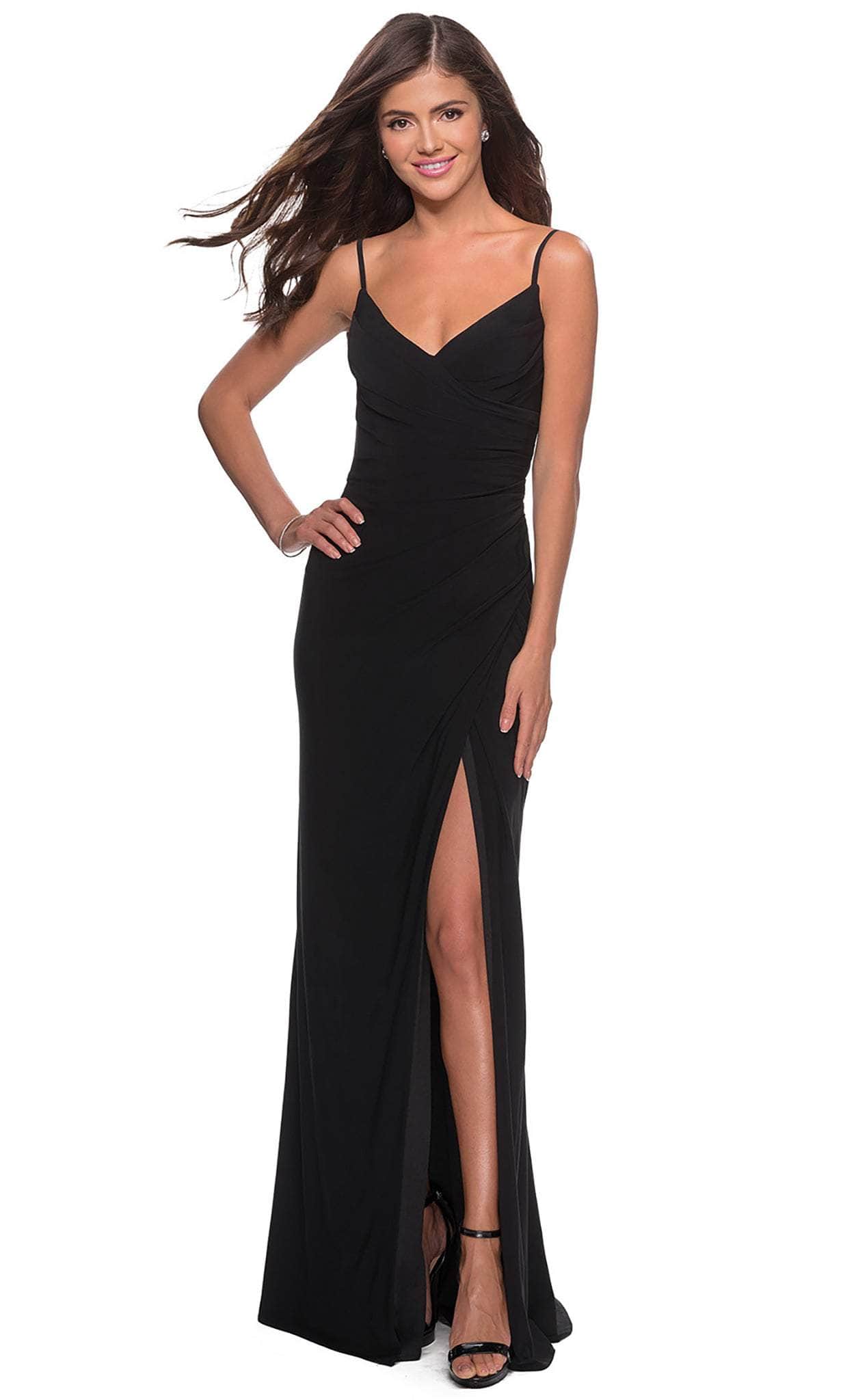 Image of La Femme - 28079 Long Surplice High Slit Jersey Gown