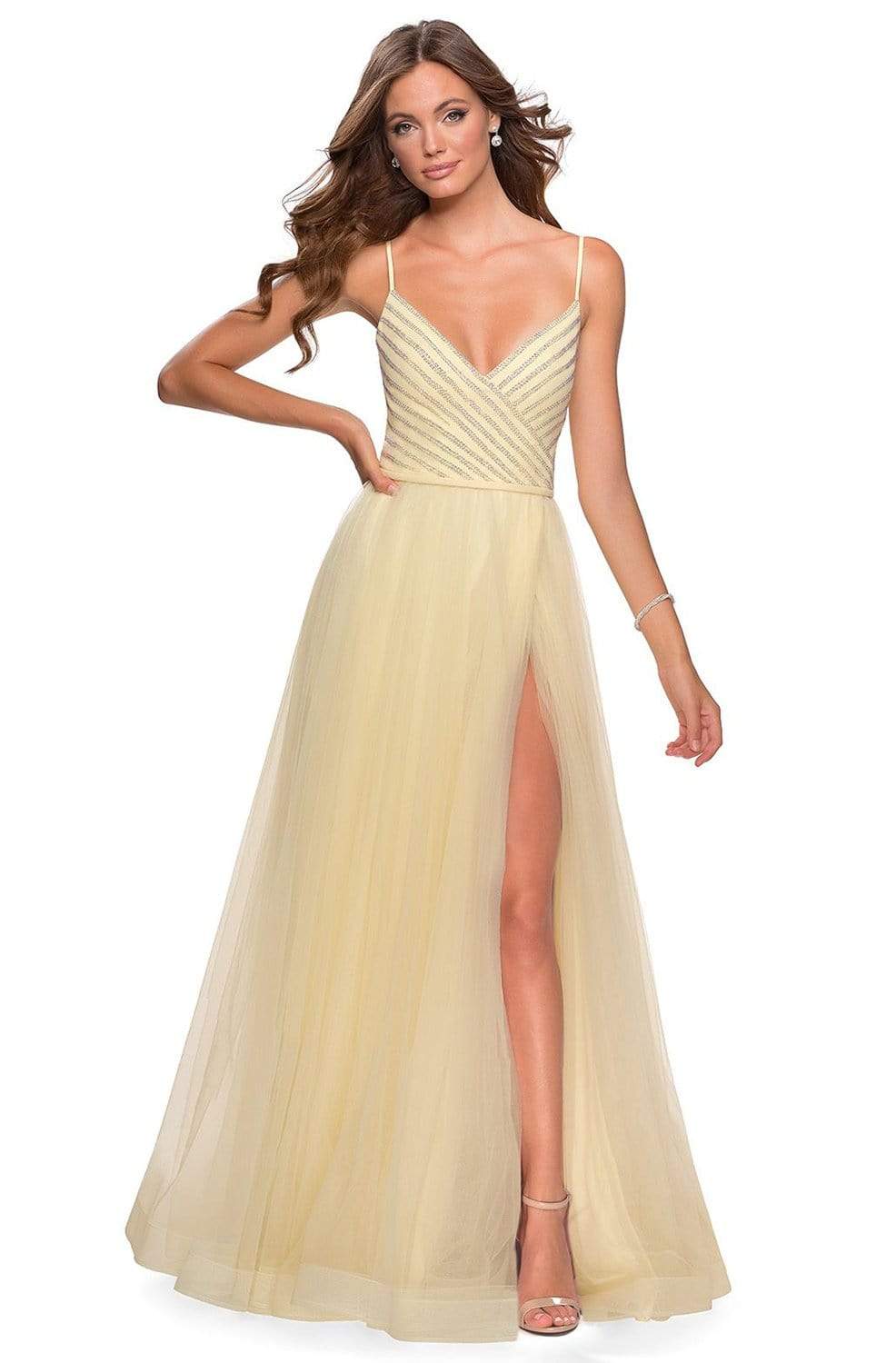 Image of La Femme - 28511 Asymmetric Rhinestone Beadings Tulle Prom Dress