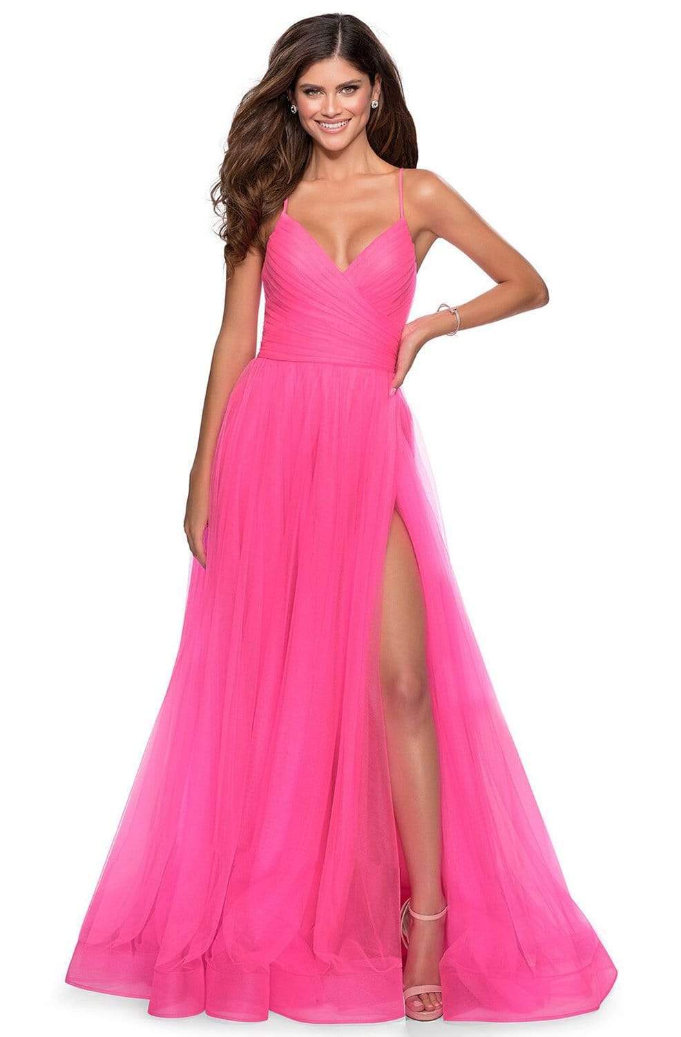 Image of La Femme - 28561 Ruched Tulle A-Line Dress with Slit