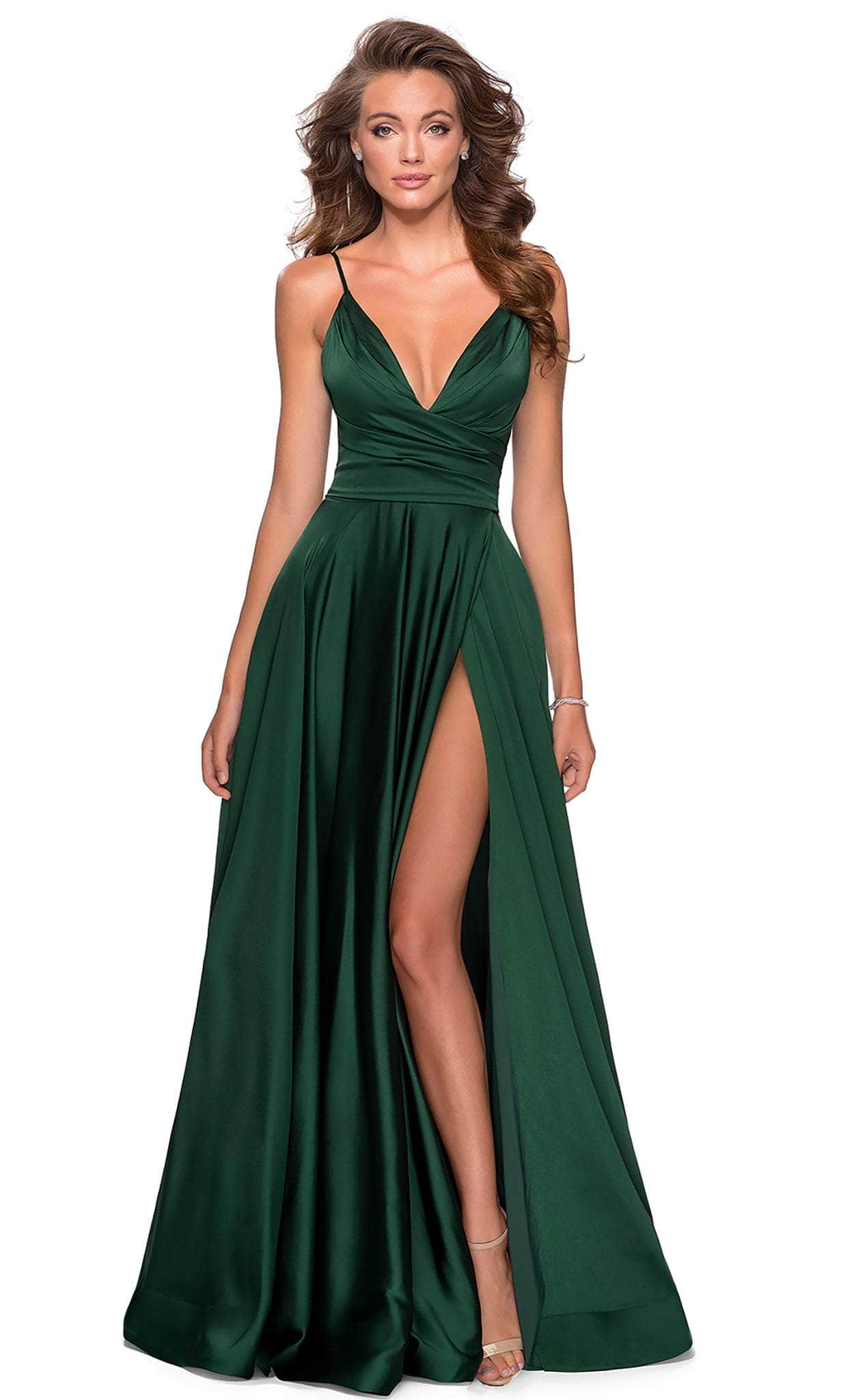 Image of La Femme - 28607 Deep V-Neck High Slit Simple Prom A-Line Gown