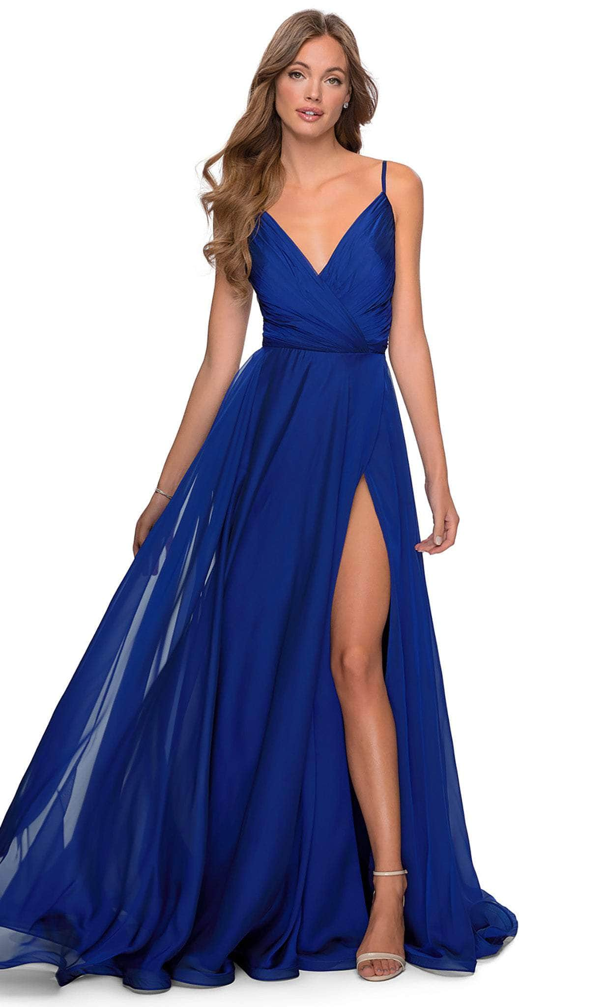 Image of La Femme - 28611 Pleated V-Neck Chiffon High Slit Dress