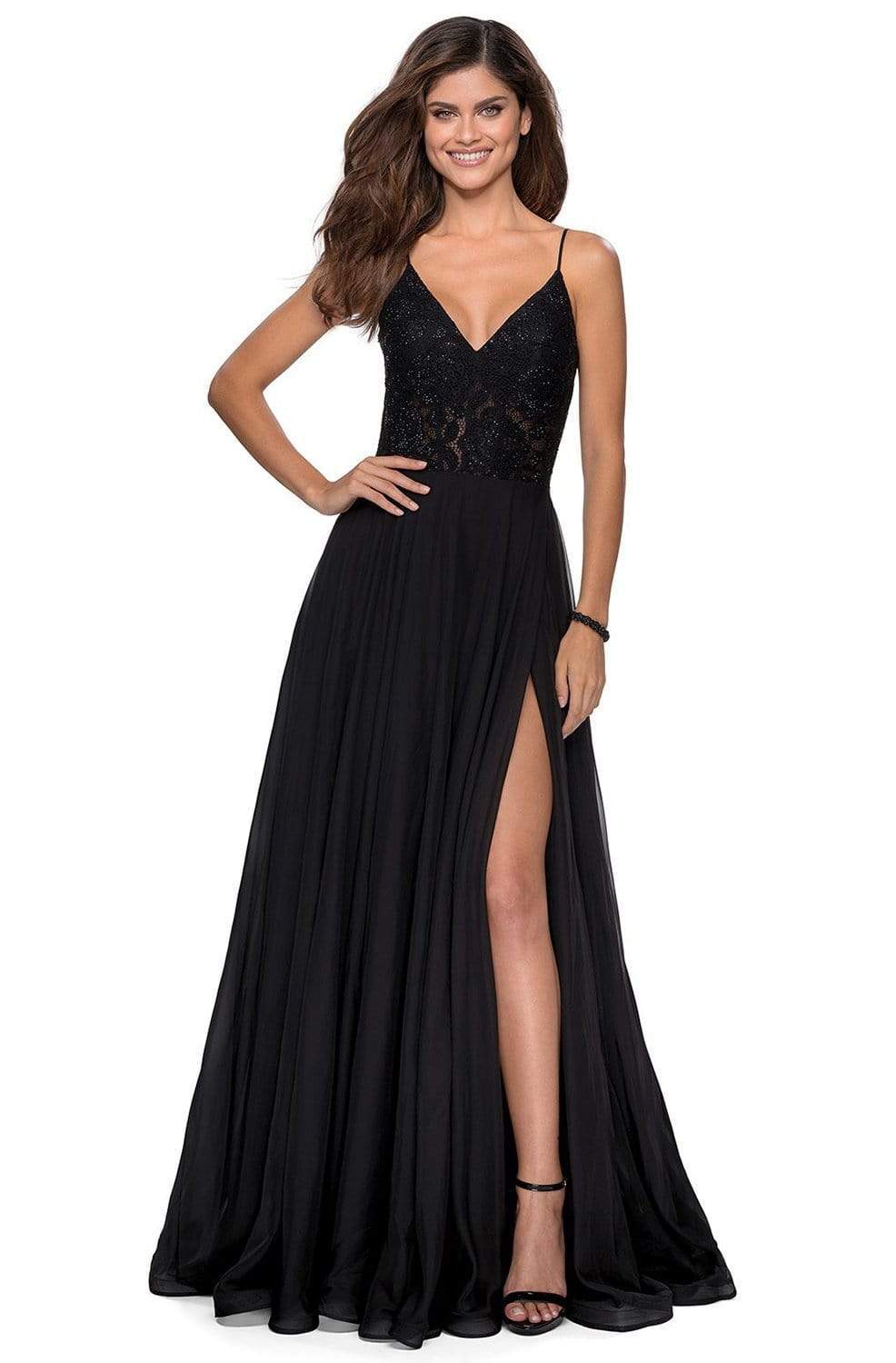 Image of La Femme - 28664 Sequined Lace Chiffon Simple Prom High Slit Dress
