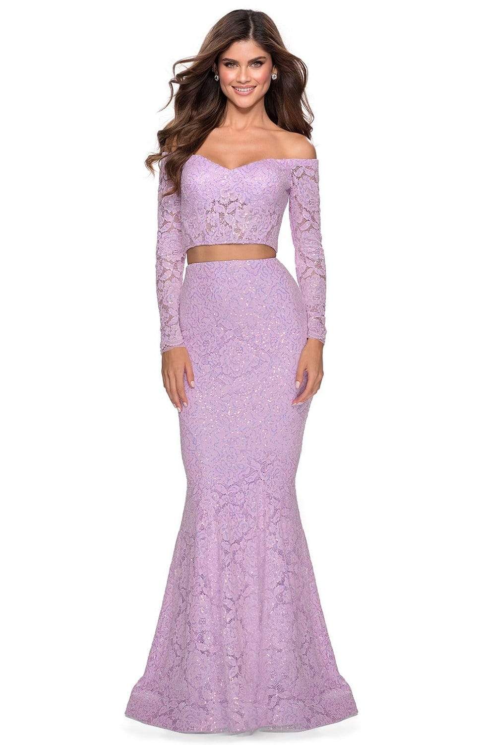 Image of La Femme - 28666 Long Sleeve Corset Bodice Lace Mermaid Dress