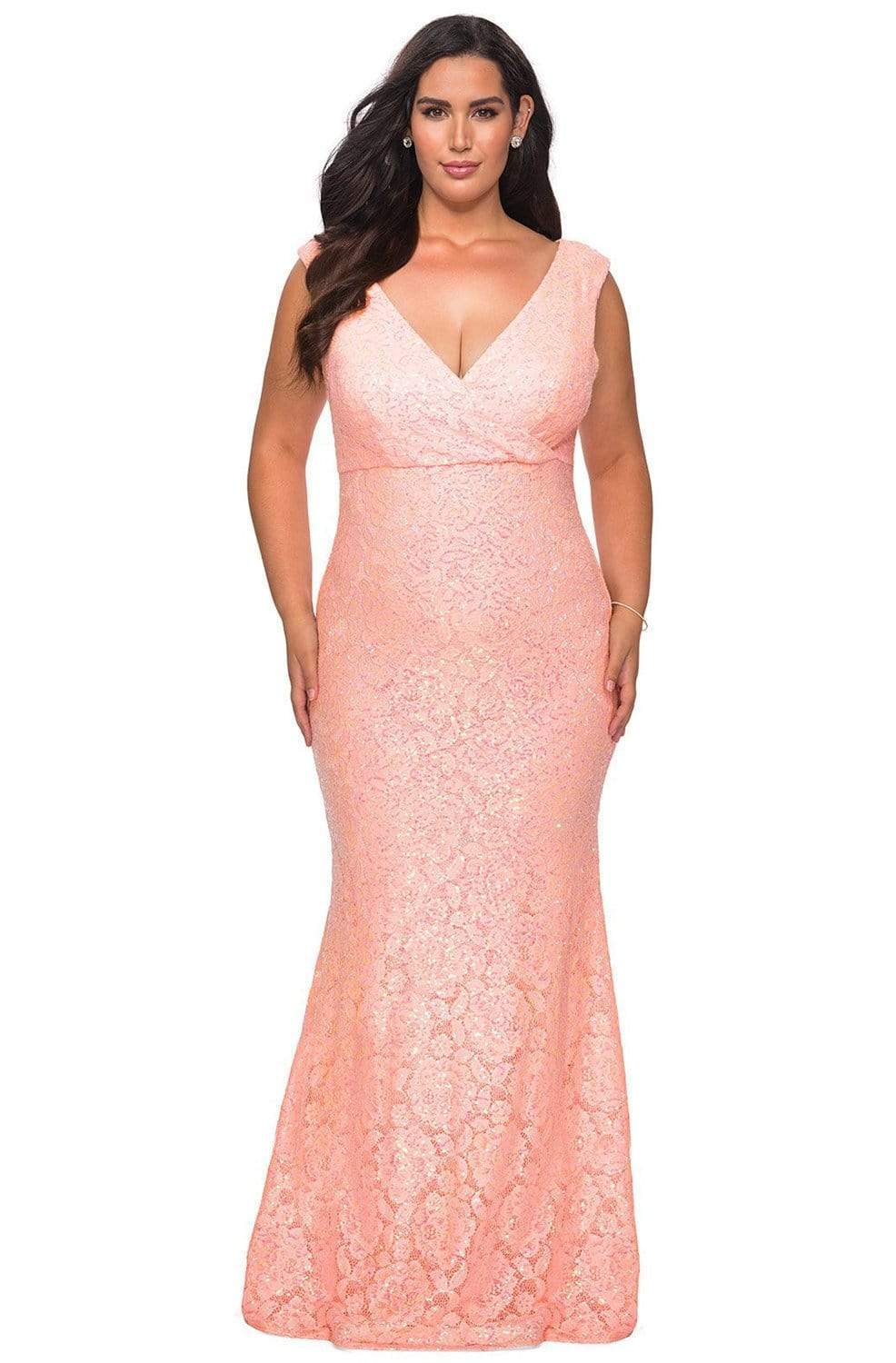 Image of La Femme - 28837 V Neck Rhinestone Beaded Full Lace Simple Prom Gown