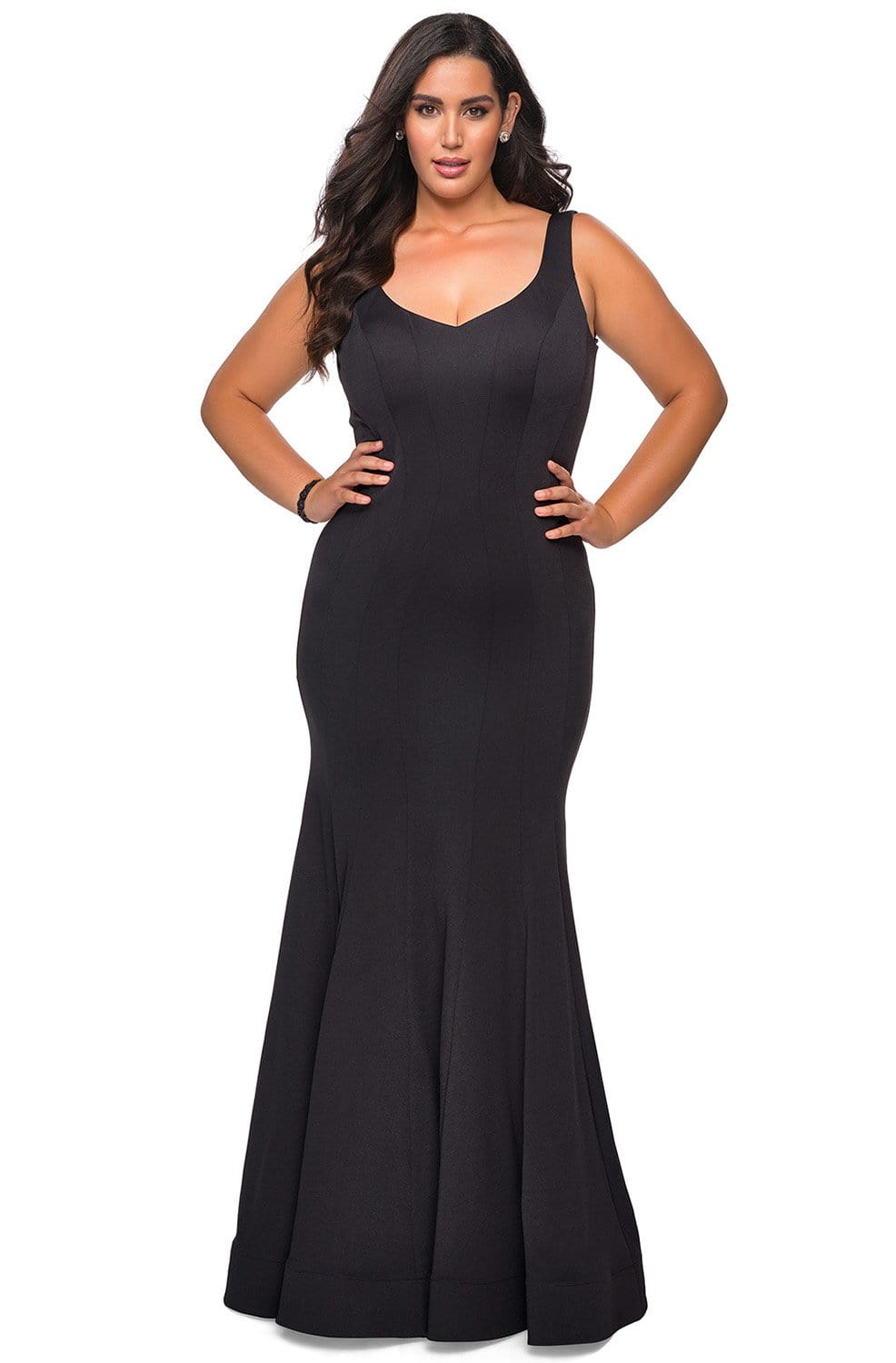 Image of La Femme - 28975 V-Neck Jersey Modest Prom Mermaid Dress