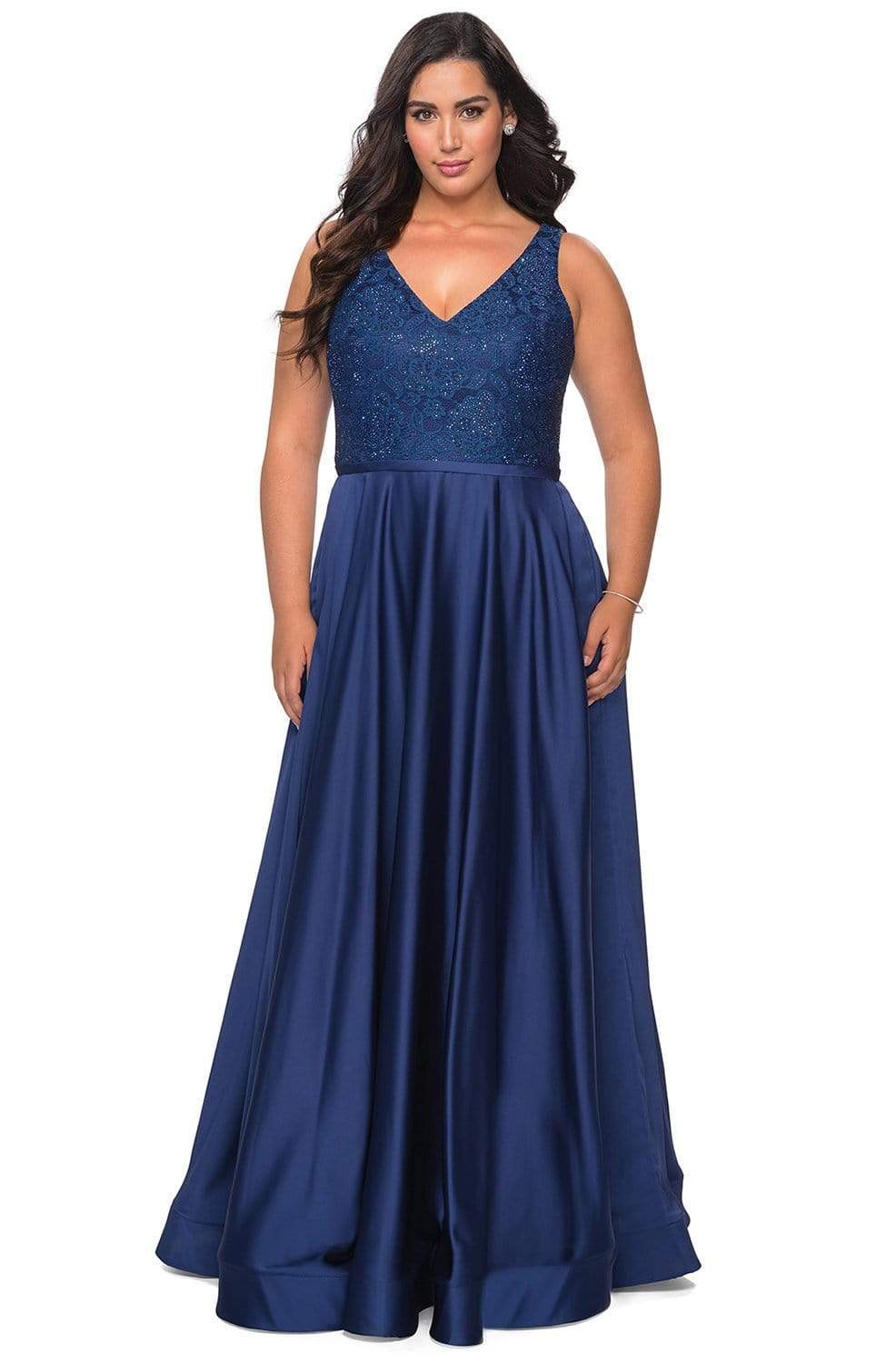 Image of La Femme - 29004 Lace High Slit Plus Size Prom Gown