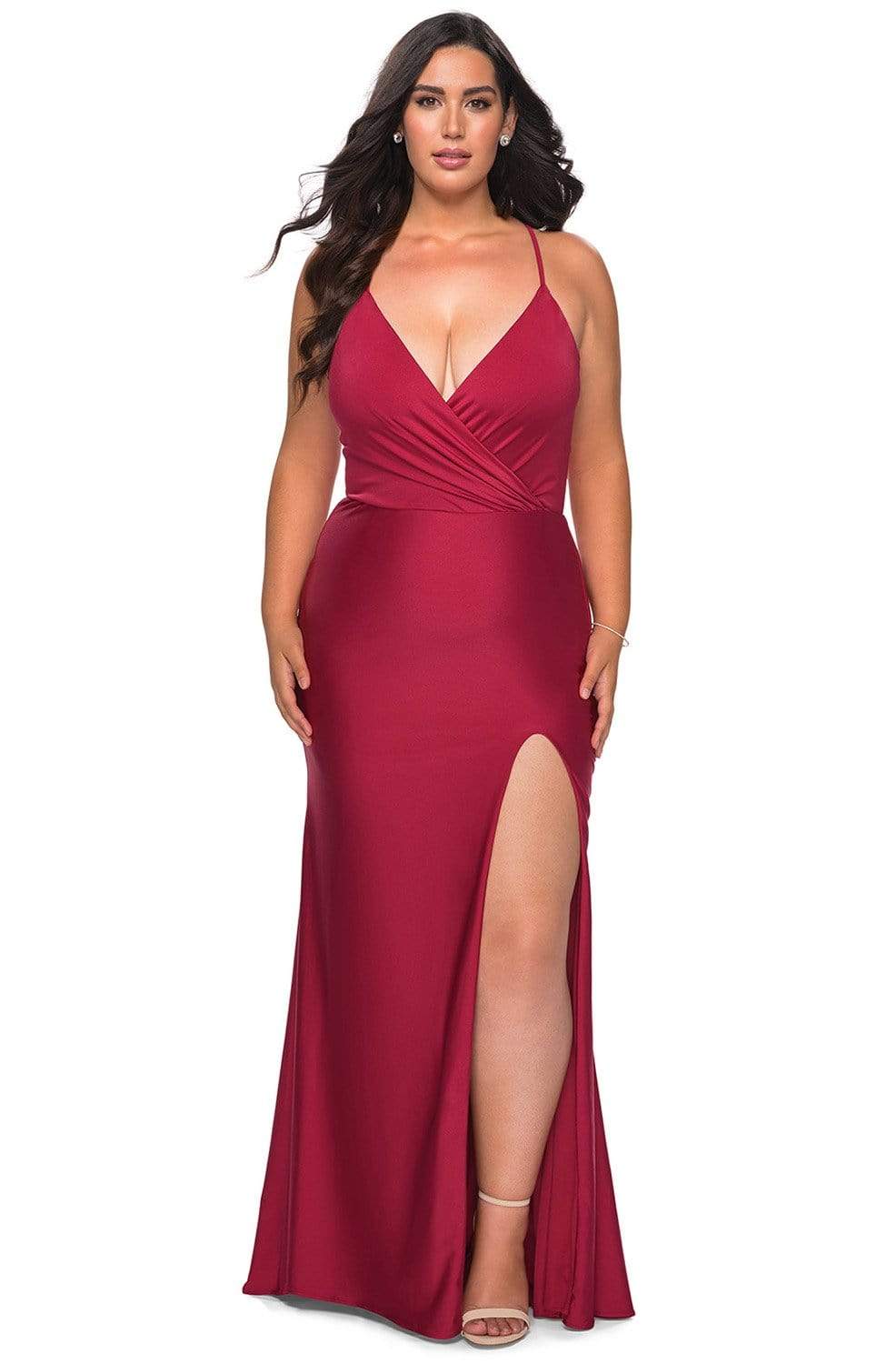 Image of La Femme - 29022 Plunging V-neck Jersey Plus Size Prom Dress