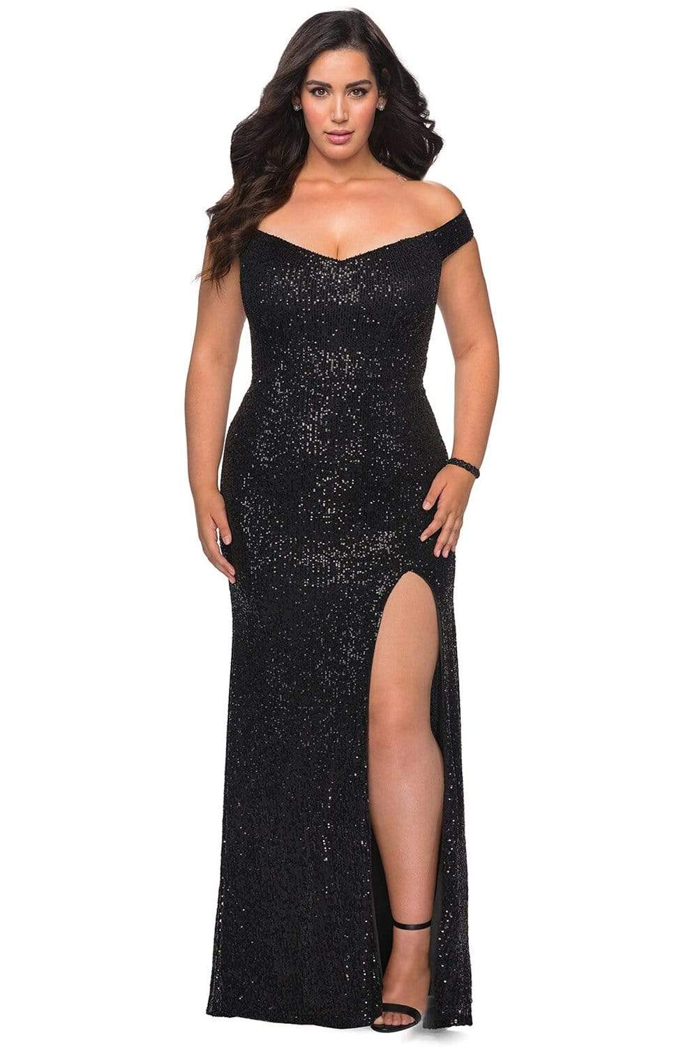 Image of La Femme - 29023 Sequined High Slit Sheath Plus Size Prom Gown