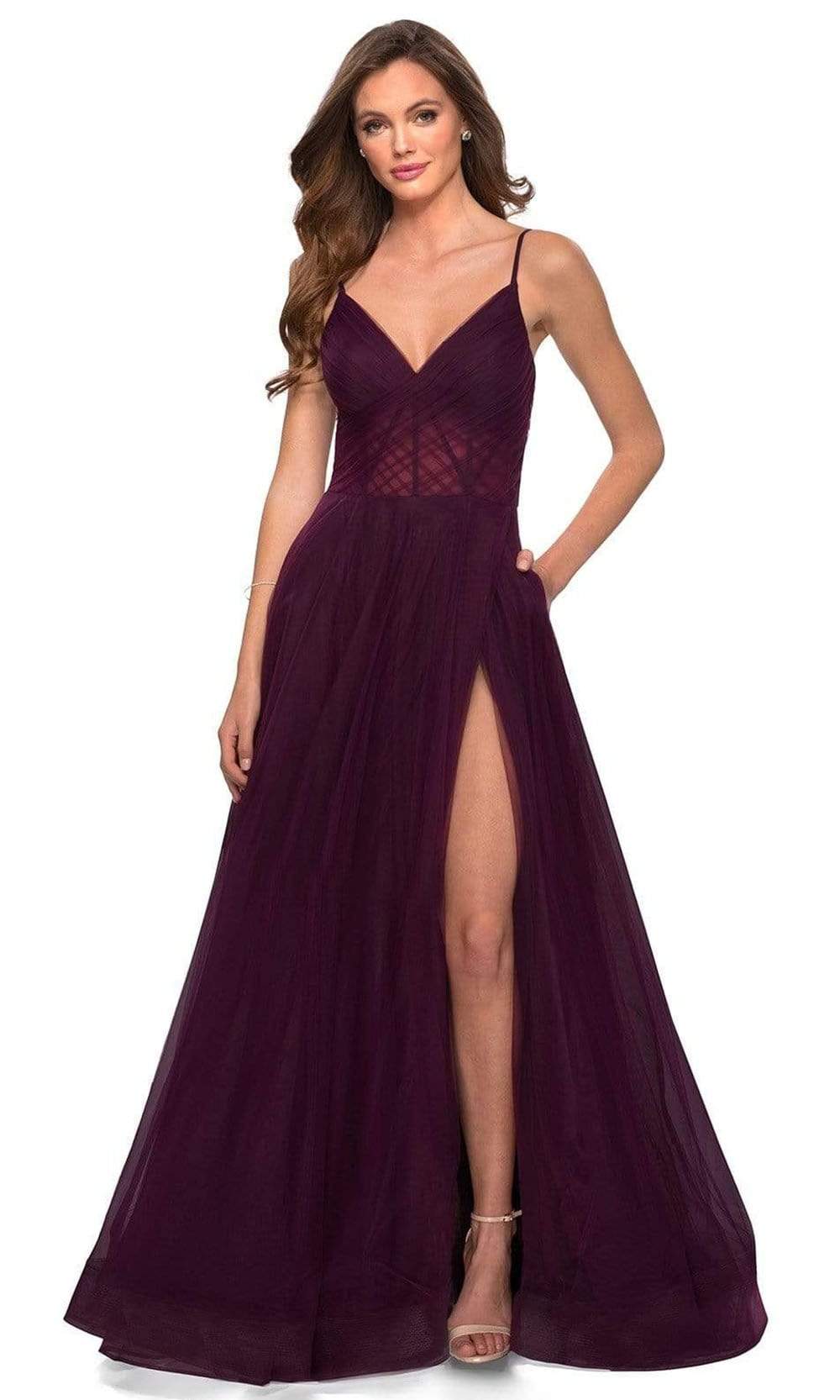 Image of La Femme - 29076 V-Neck Semi-Sheer Bodice Junior Prom Gown