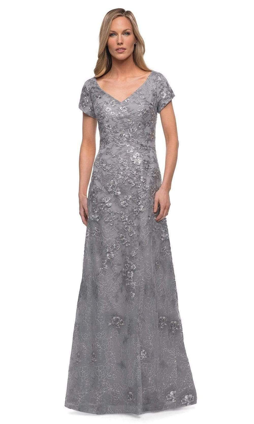 Image of La Femme - 29291 V Neck Embroidered Modest Dress