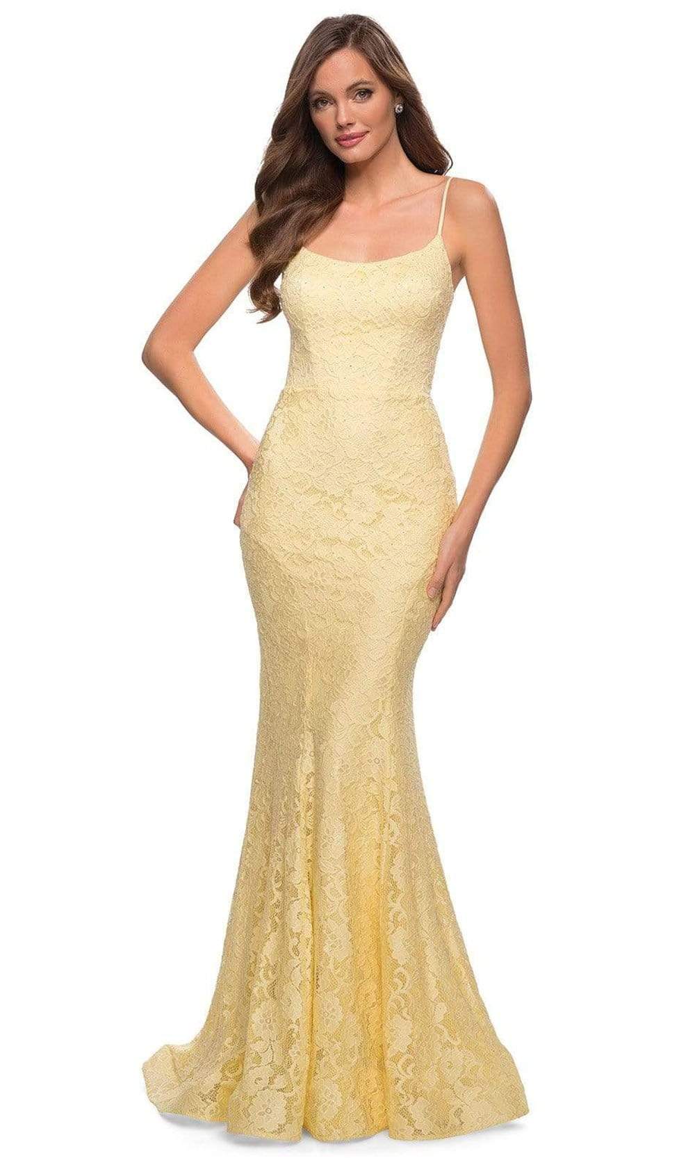 Image of La Femme - 29611 Spaghetti Strap Lace Modest Prom Gown