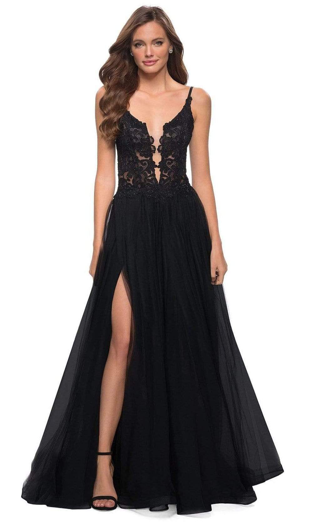Image of La Femme - 29686 llusion Bodice High Slit Plus Size Prom A-Line Gown