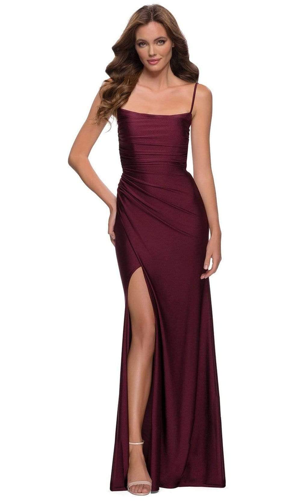 Image of La Femme - 29710 Draped Accented High Slit Sheath Gown