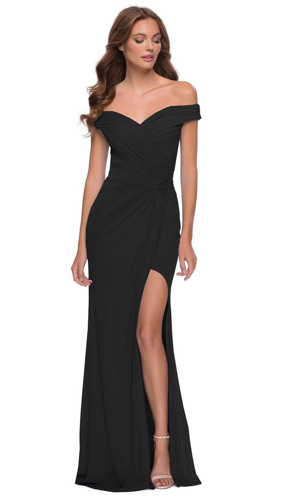 Image of La Femme - 29756 Off-Shoulder High Slit Jersey Modest Prom Gown