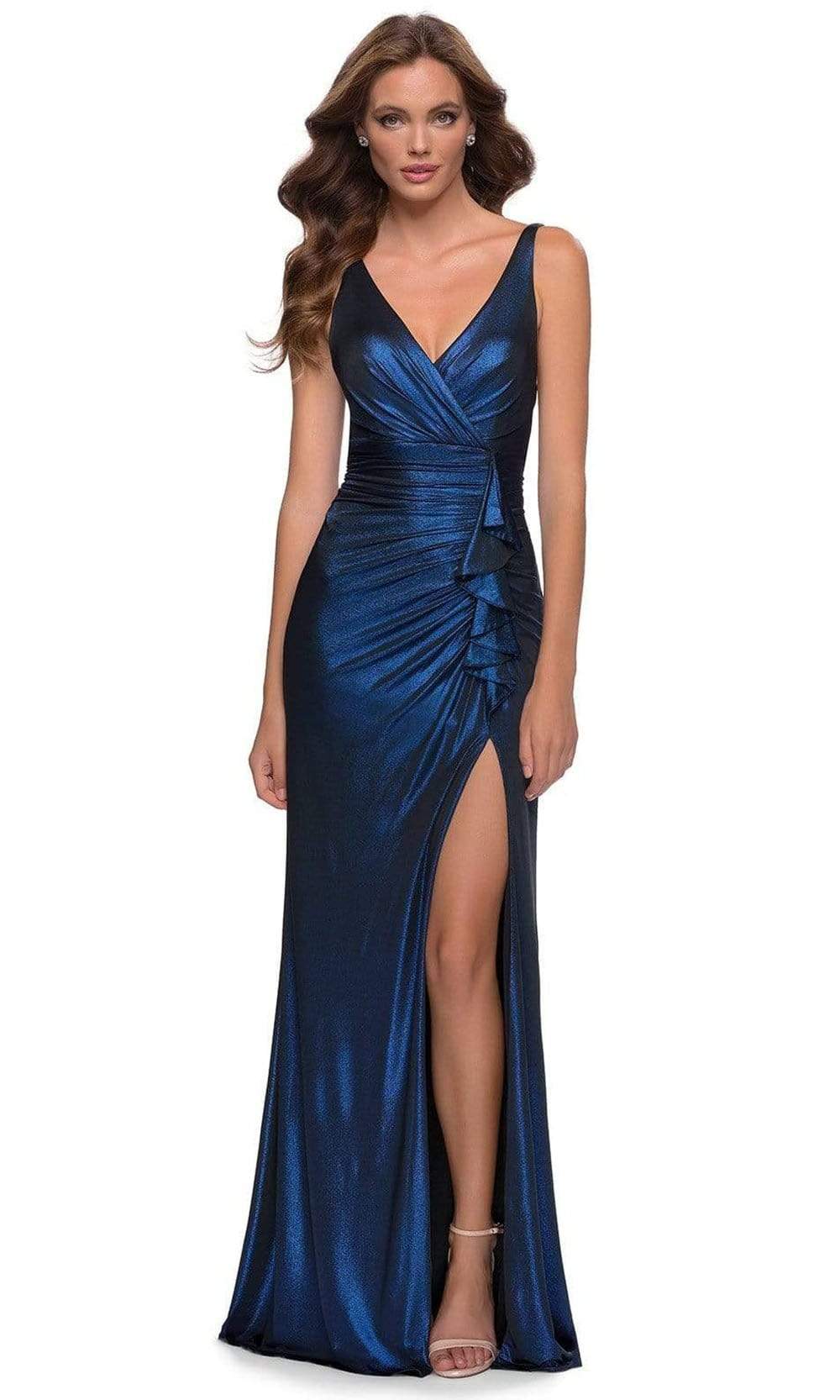 Image of La Femme - 29759 Ruffle-Trimmed High Slit Plus Size Prom Dress