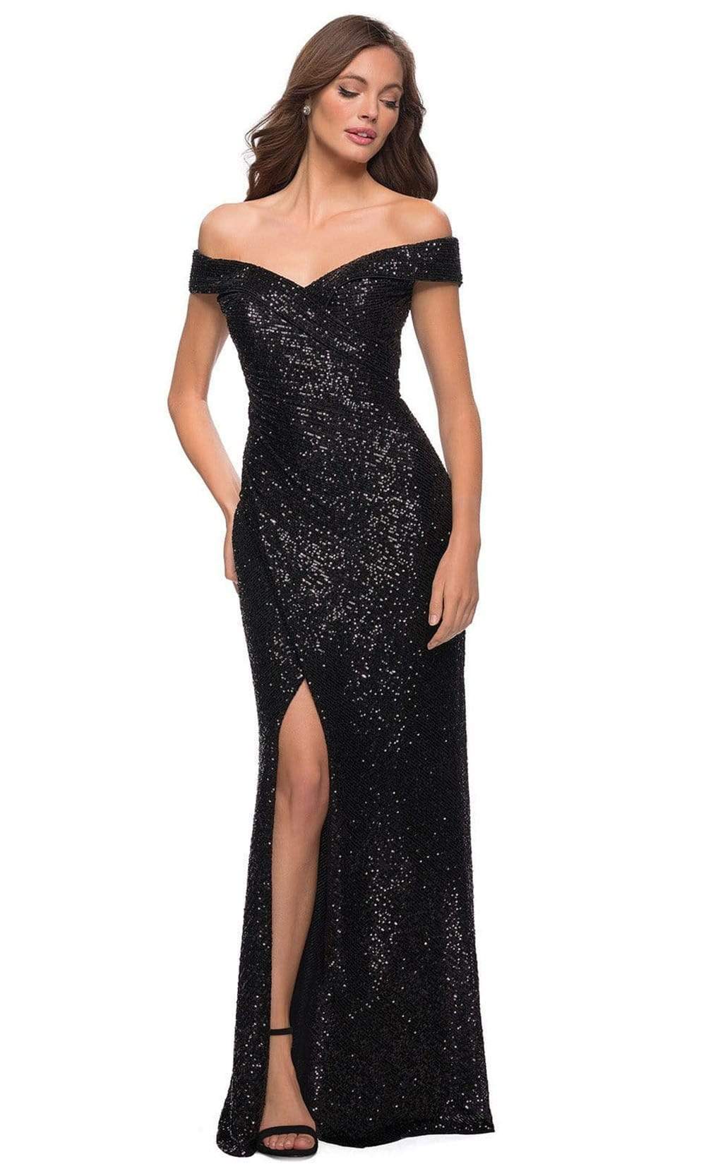 Image of La Femme - 29831 Off Shoulder High Slit Full Sequin Gown