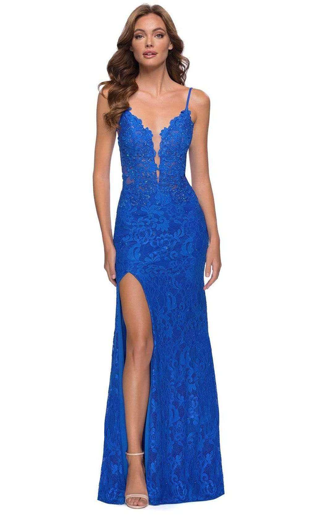 Image of La Femme - 29842 Plunging Jeweled Lace Plus Size Prom Dress