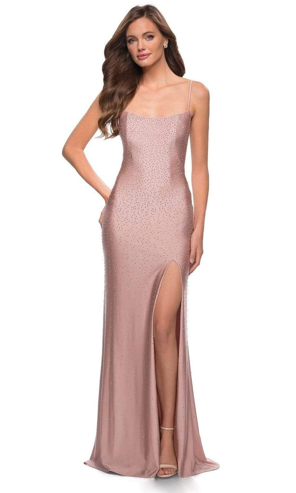 Image of La Femme - 29899 Rhinestone Studded High Slit Dress