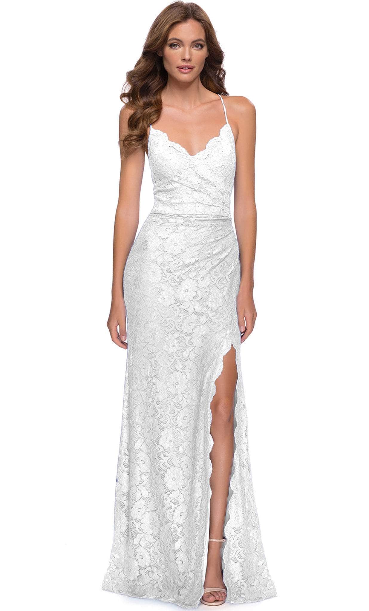 Image of La Femme - 29939 Lace Scalloped V-Neck Simple Prom Sheath Dress