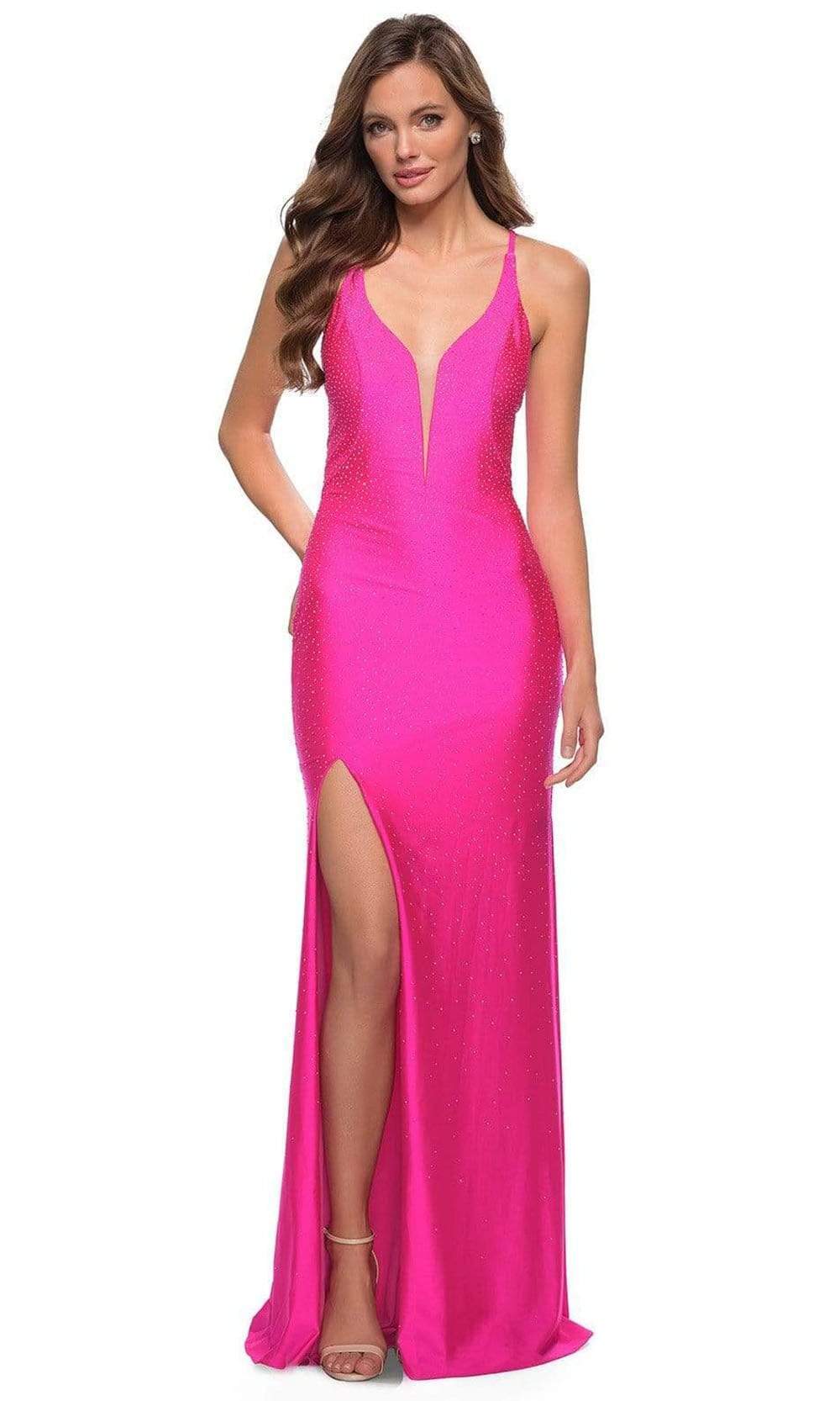 Image of La Femme - 29969 Low V-Neck Beaded Simple Prom Long Gown