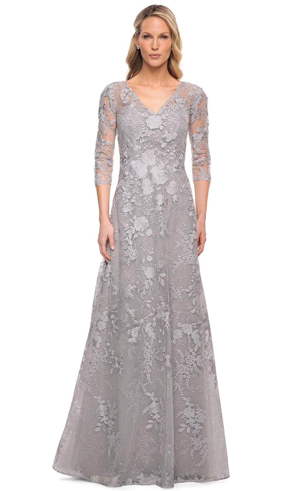 Image of La Femme 29989 - Embroidered Sheer Lace Mother of the Groom V-Neck Gown