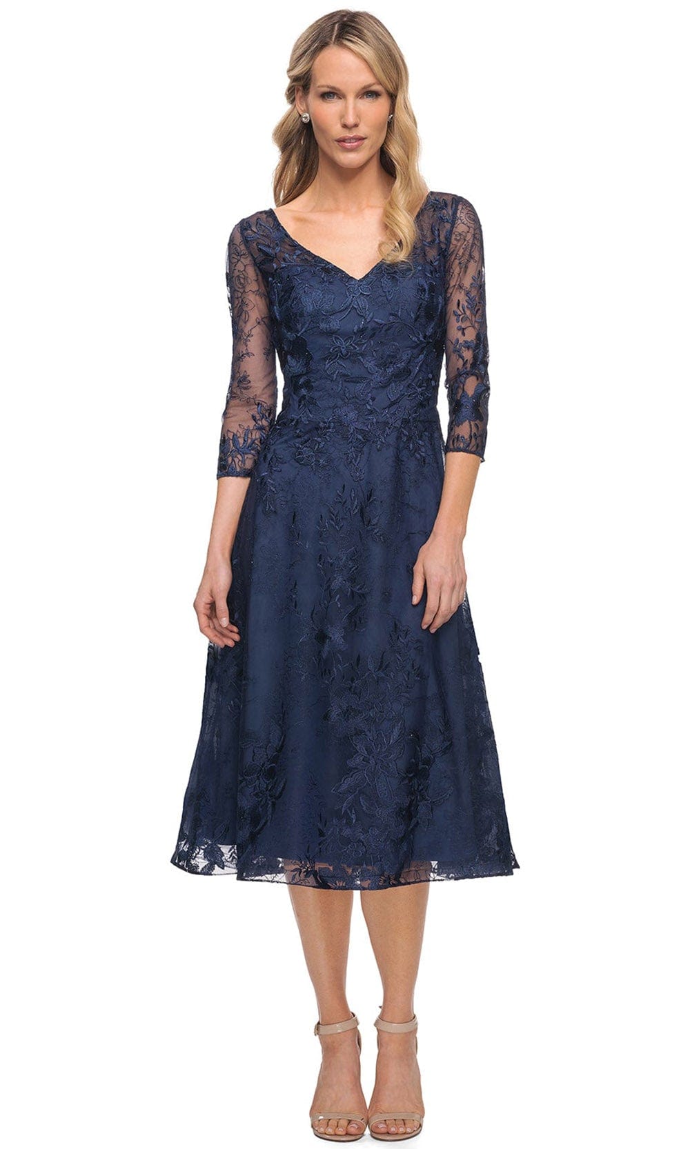 Image of La Femme 30016 - Embroidered Lace V Neck Short Dress