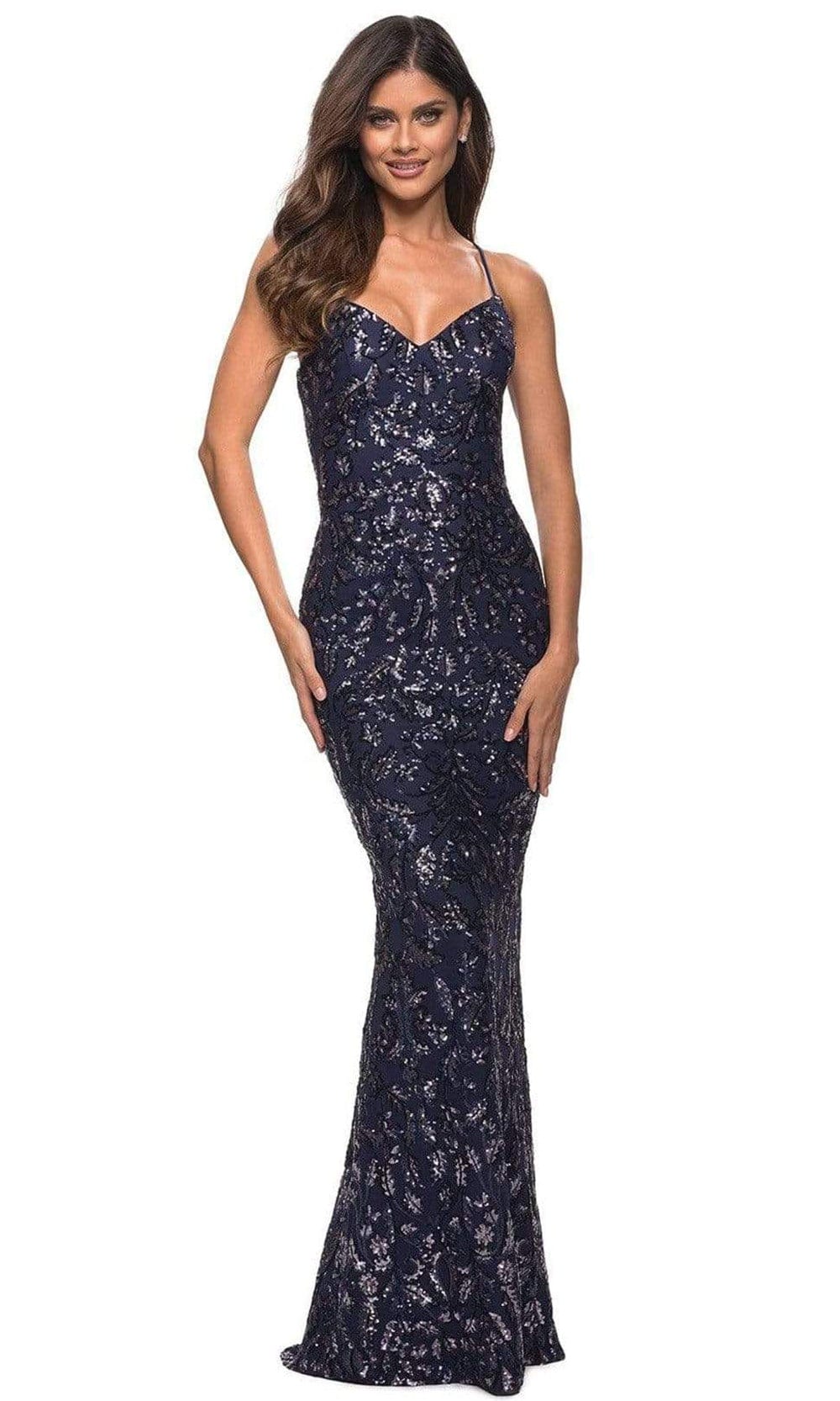 Image of La Femme - 30150 Sequined V Neck Open Back Dress