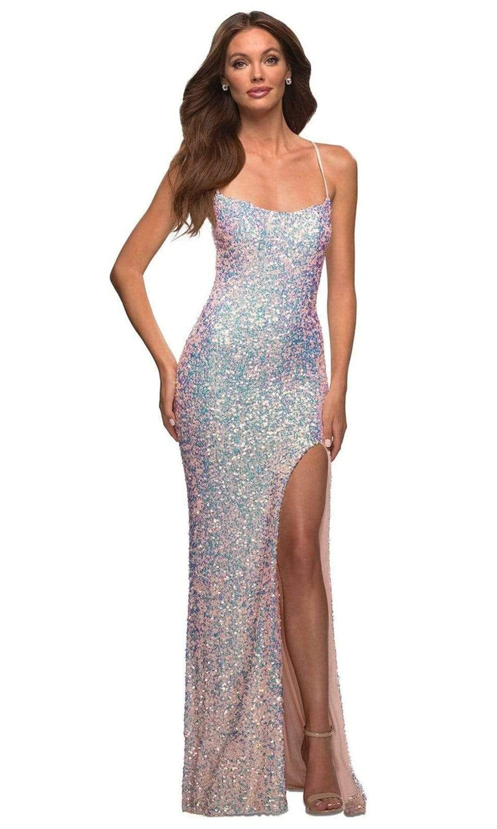 Image of La Femme - 30371 Multicolor Sequined Slit Dress