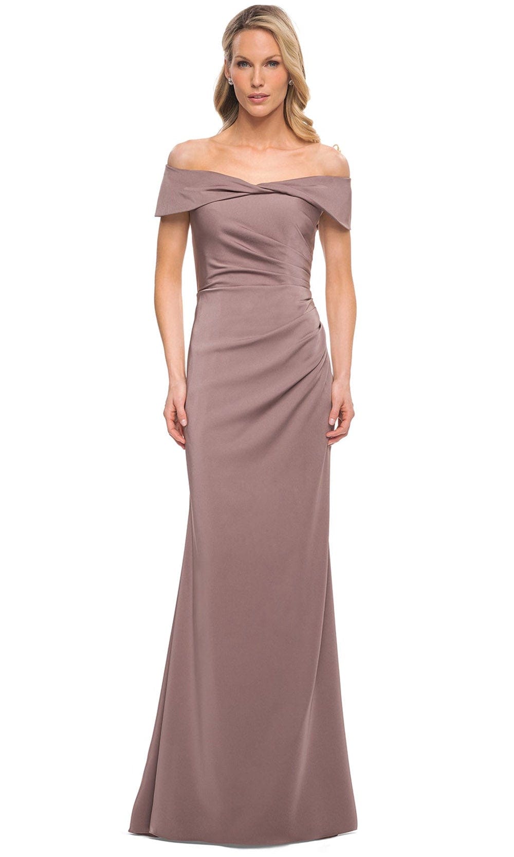Image of La Femme 30397 - Off Shoulder Ruched Bodice Long Dress