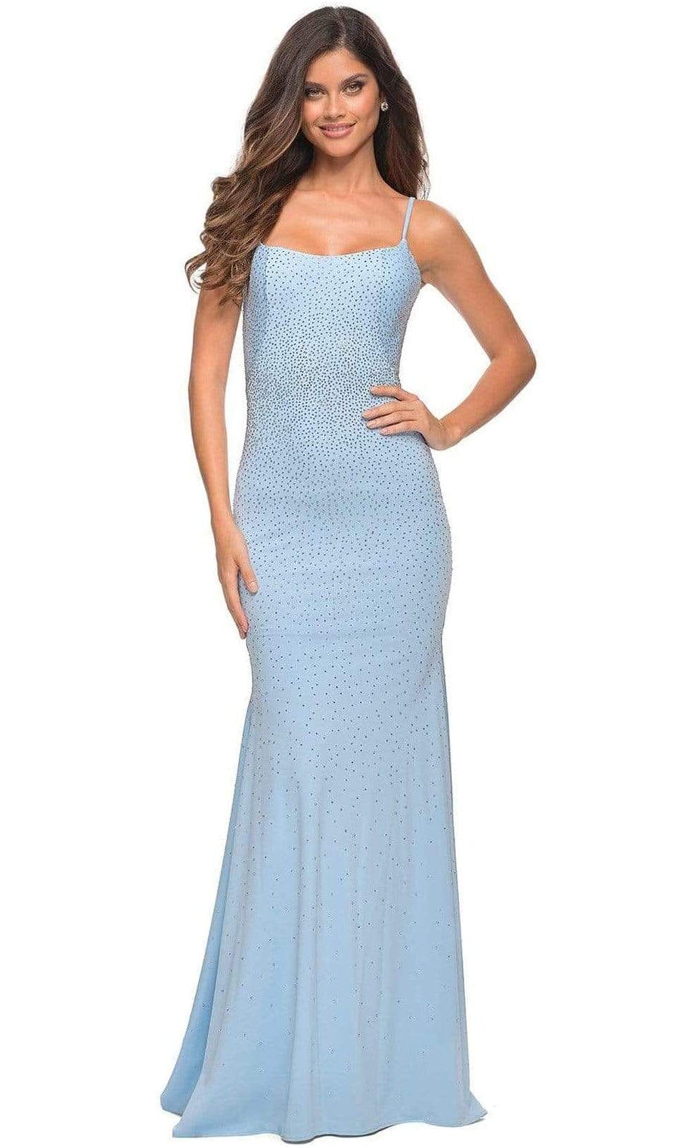 Image of La Femme - 30563 Beaded Square Neck Long Gown