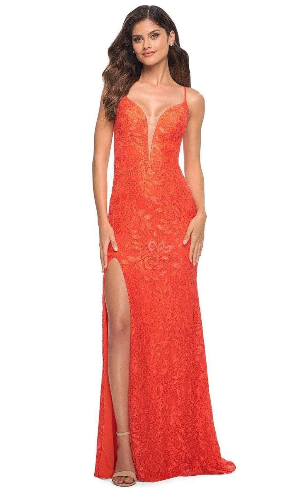 Image of La Femme - 30687 Plunging Floral Lace Slit Gown