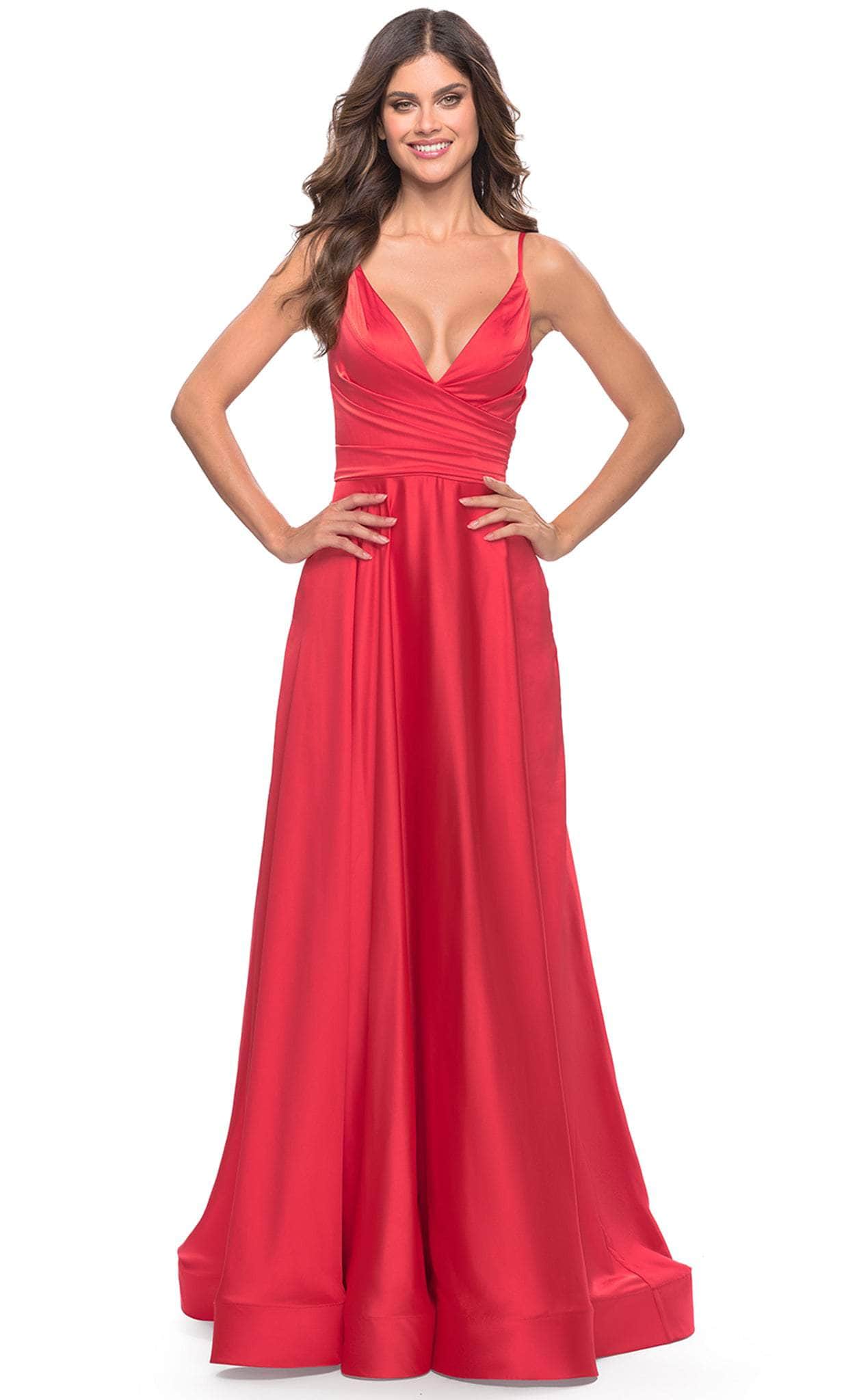 Image of La Femme 31121 - Deep V-Neck Satin Prom Gown