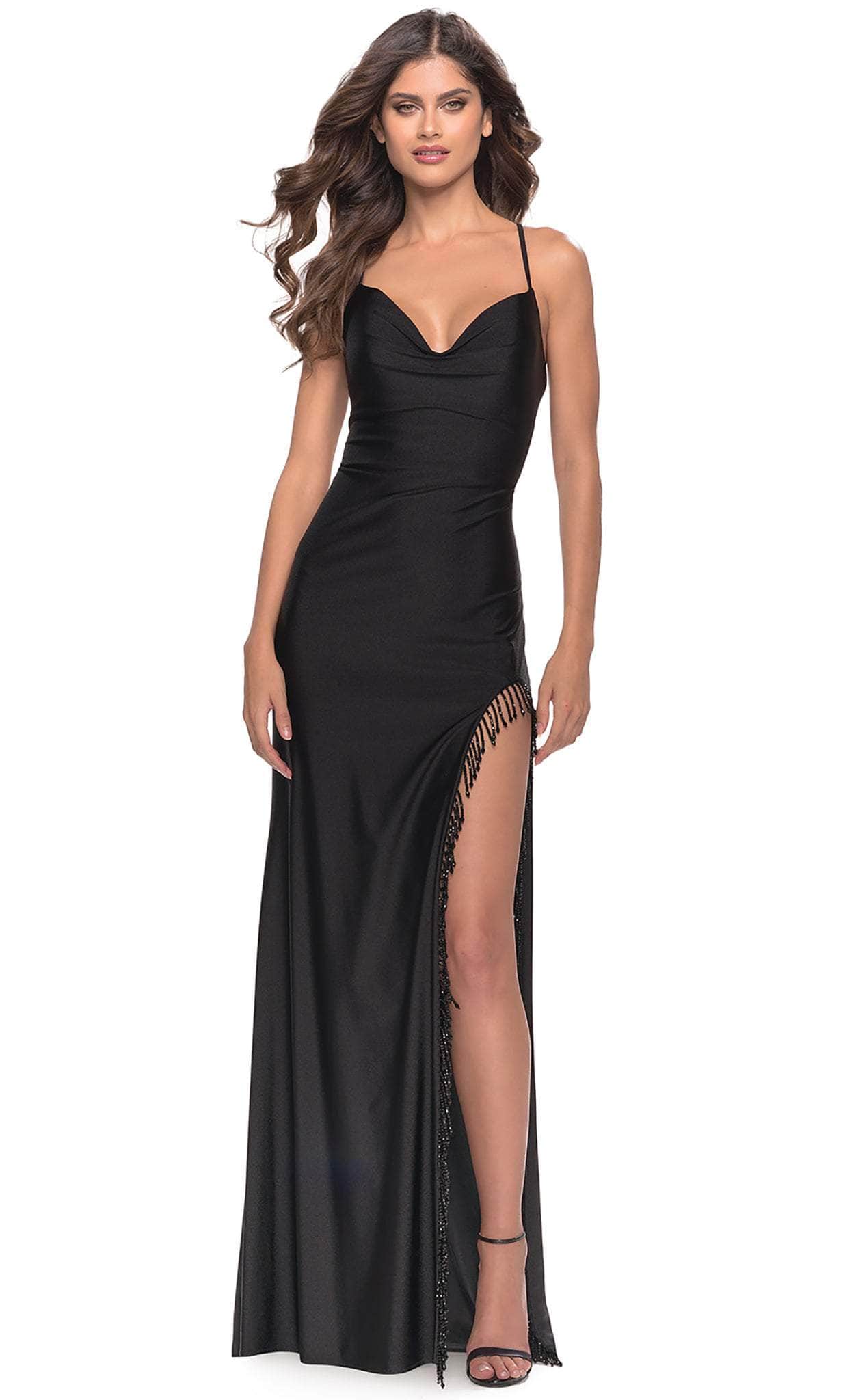 Image of La Femme 31326 - Fringed Slit Classic Prom Dress